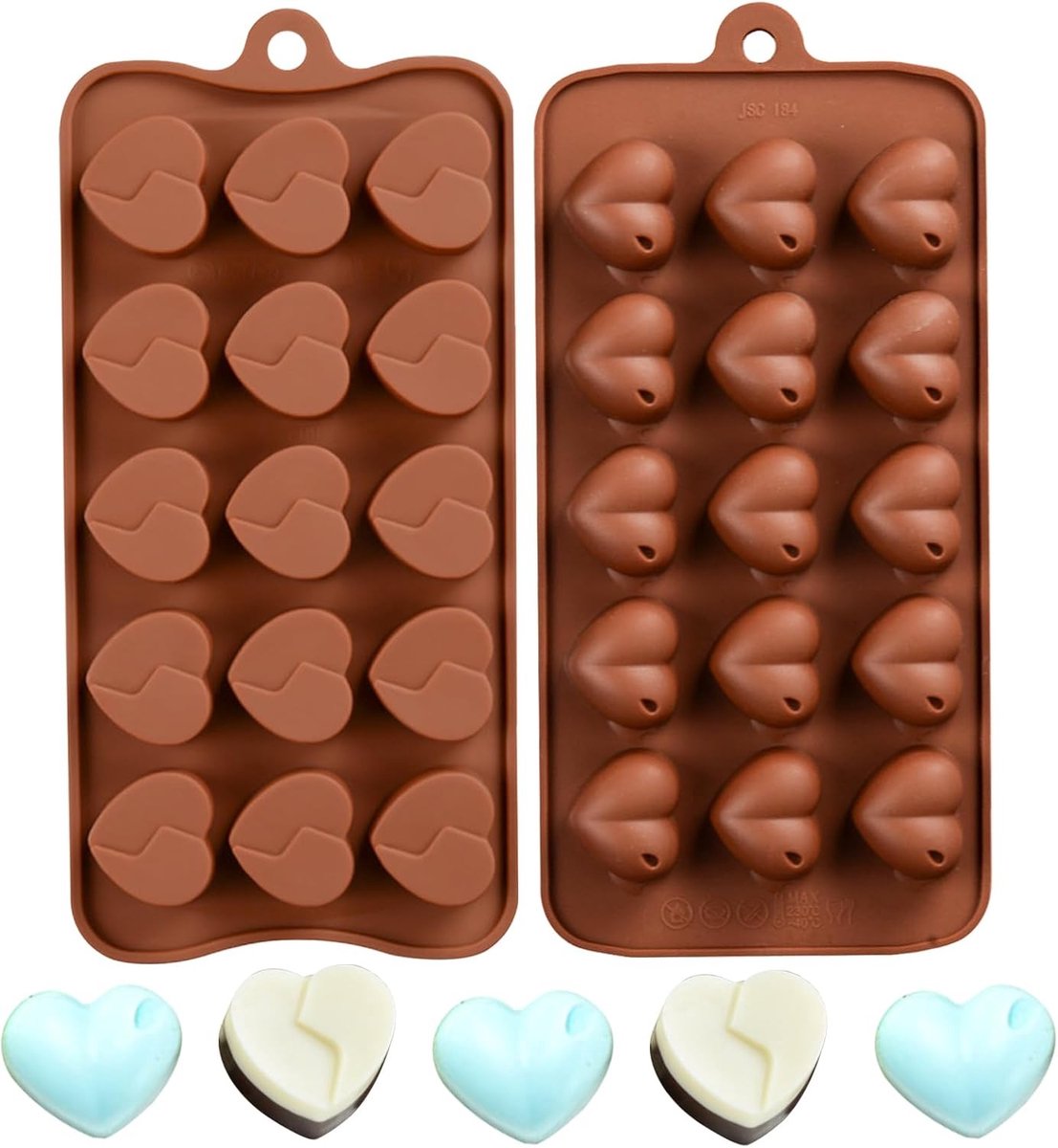 Chocoladevorm voor hartjes, 2 stuks, 15 holtes, ideaal voor bakken, 22 cm x 10,4 cm, bruin