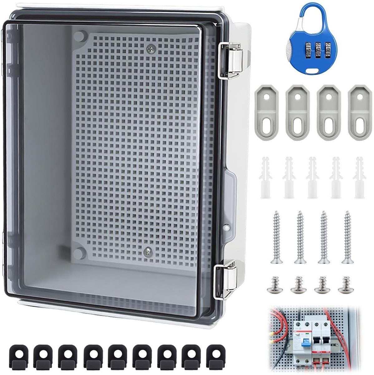 Waterdichte aansluitdoos IP65 voor buitengebruik, transparante controlebox met vergrendeling, wandmontage en accessoires voor veilige elektrische verbindingen.