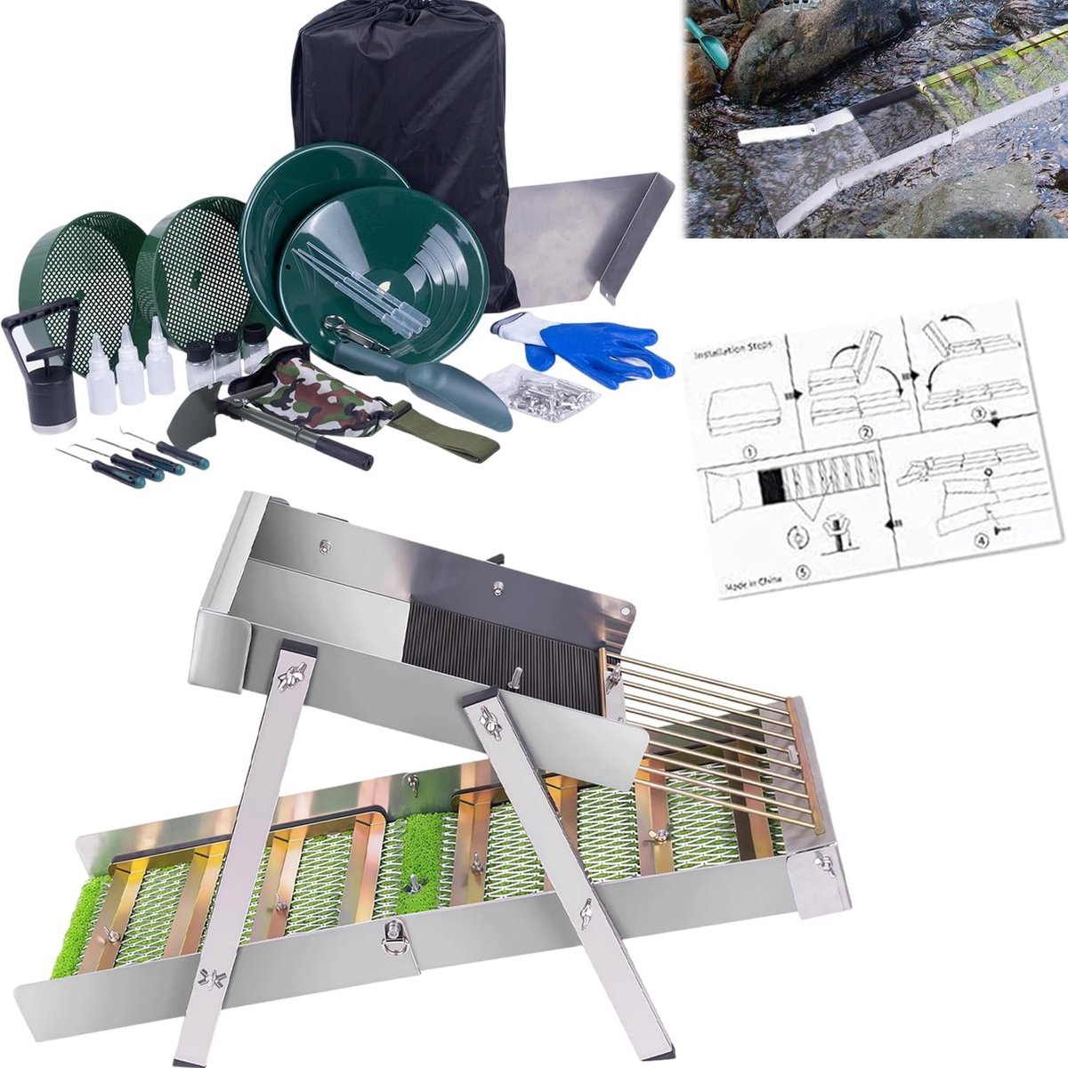 Complete 3-in-1 gouden wasset van 127 cm met opvouwbare wasgoot en 34-delige accessoires voor efficiënte mijnbouw en rivierbezoek