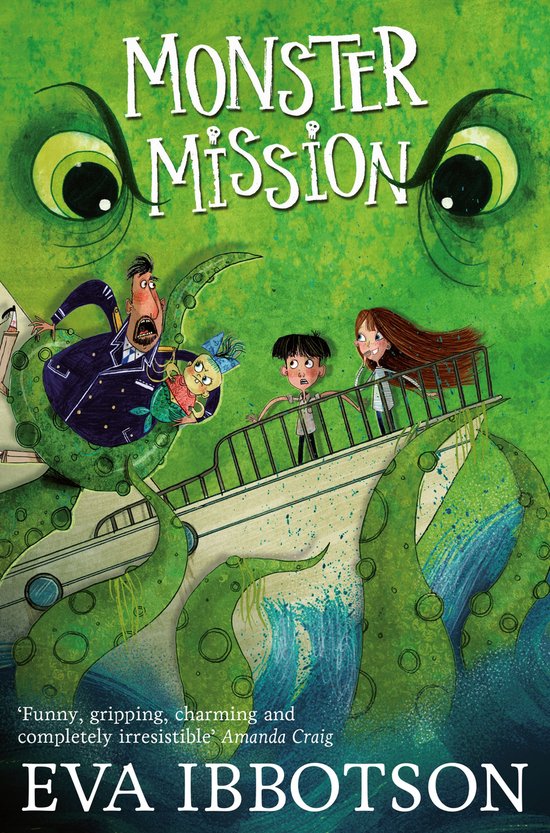 Boekcover van 'Monster Mission' met de ogen en tentakels van een groen monster, een boot met kinderen en een man, en de tekst 'Monster Mission'.