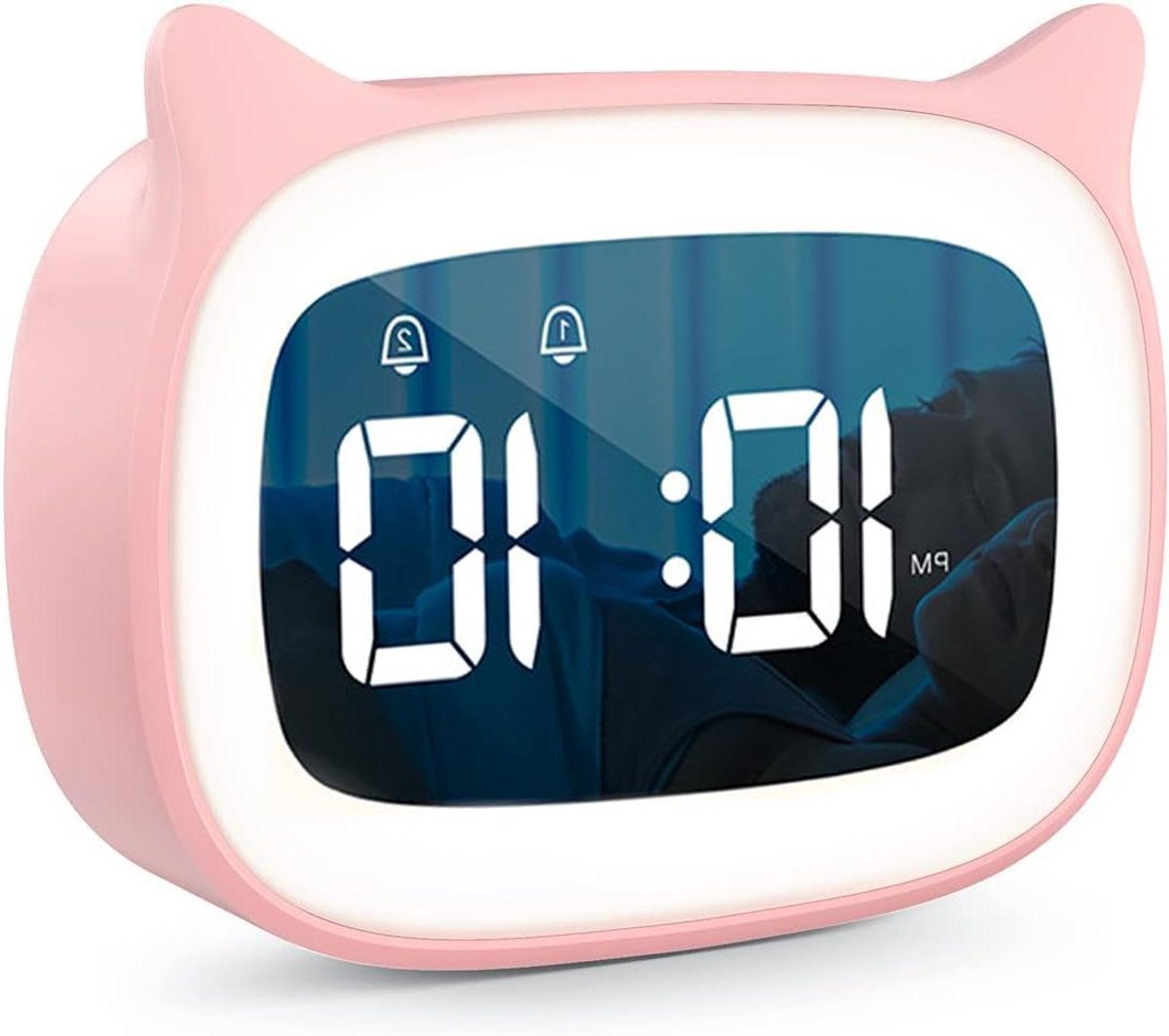 Digitale Kinderwekker - Sprekende Wekker - Kinderen Wakker Maken - 18 Melodieën - Dubbele Wekker - Roze