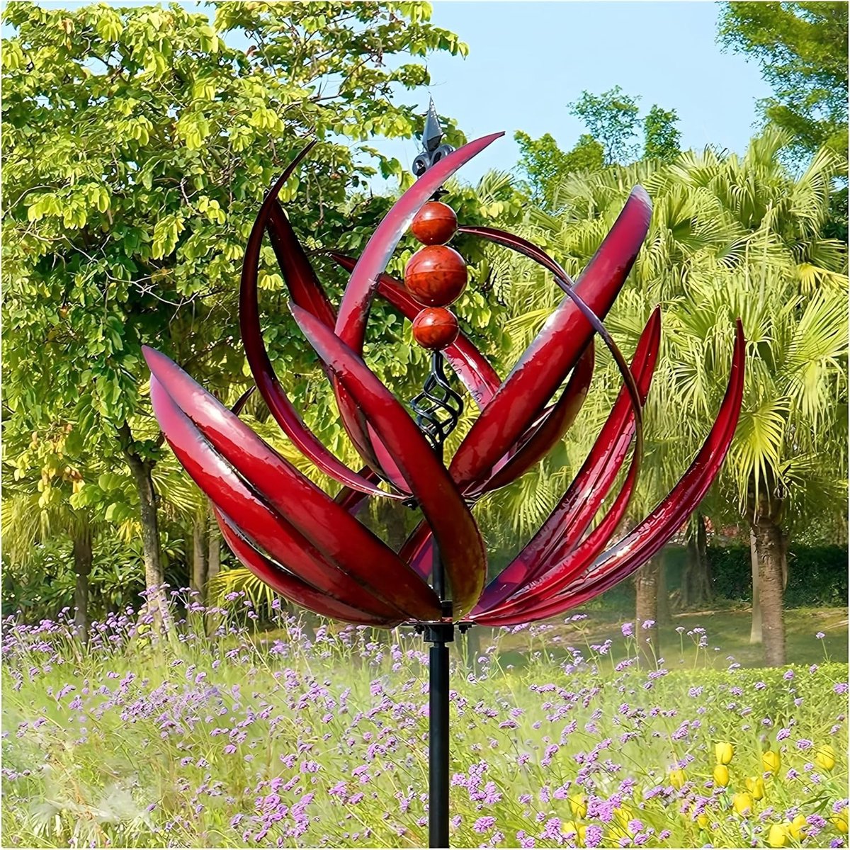 SnelShoppen - Metalen windmolen voor tuin, weerbestendig en stabiel, hoogte 90 cm, rood, decoratie voor tuin, lotus design, met hoogwaardige kogellage