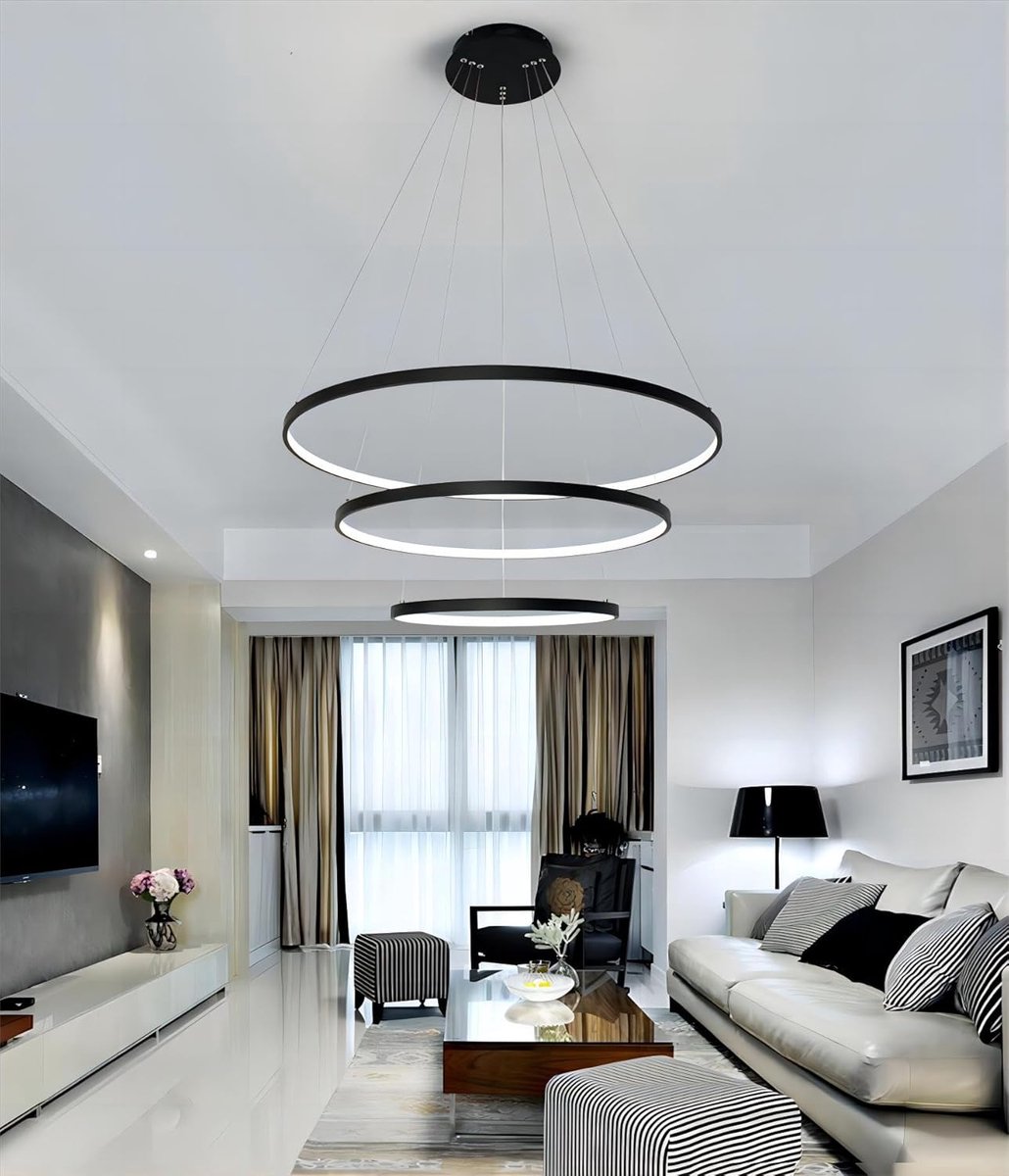 SnelShoppen - Qiaomao Led-Hanglamp Dimbare Kroonluchter Zwart Met Afstandsbediening 115W, Moderne Ringplafondlamp Hoogte Verstelbaar voor Woonkamer Ee