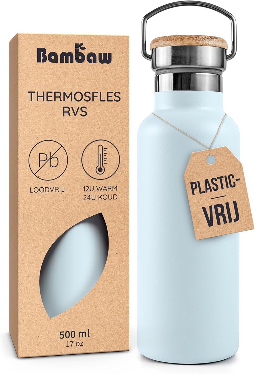 SnelShoppen - Thermosfles 500 ml Roestvrij Staal Geïsoleerd met Handvat - IJsblauw - Ideaal voor Reis, Camping, Thee en Koffie