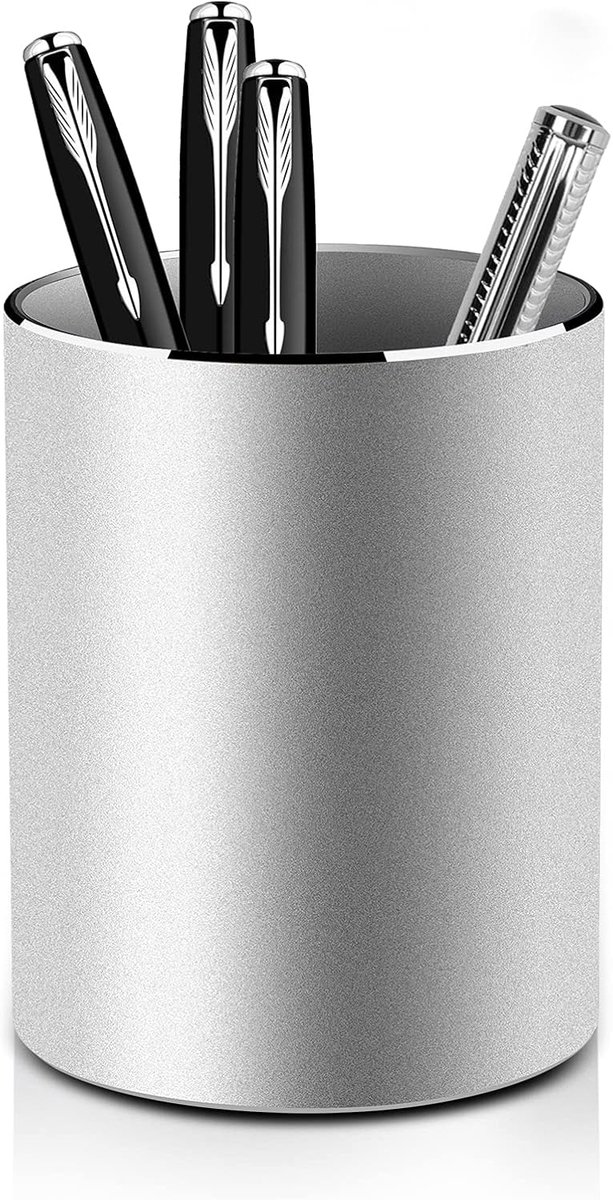 SnelShoppen - Metalen pennenhouder, ronde aluminium pennenkoker, bureau-organizer, potlood-opbergdoos, 8 x 10 cm, zilver, voor kantoor, school, huisho