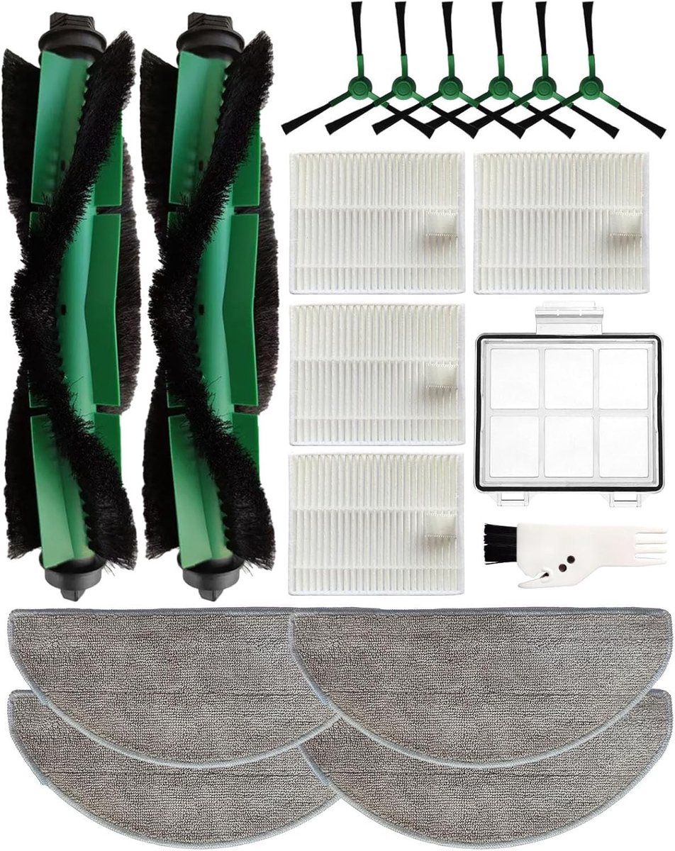 Complete set van 18 accessoires voor iRobot Roomba: 2 hoofdborstel, 6 zijborstels, 4 waspads, 1 voorfilter en 4 HEPA-filters voor optimale reiniging en onderhoud