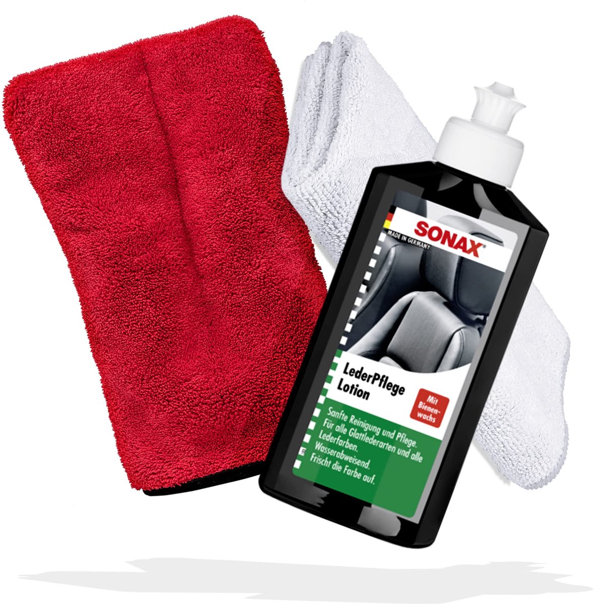SnelShoppen - Auto lederverzorgingsset | Lederonderhoudslotion 250ml + microvezeldoek 40x40cm + Detailing handschoen | Lederreiniger & lederverzorging