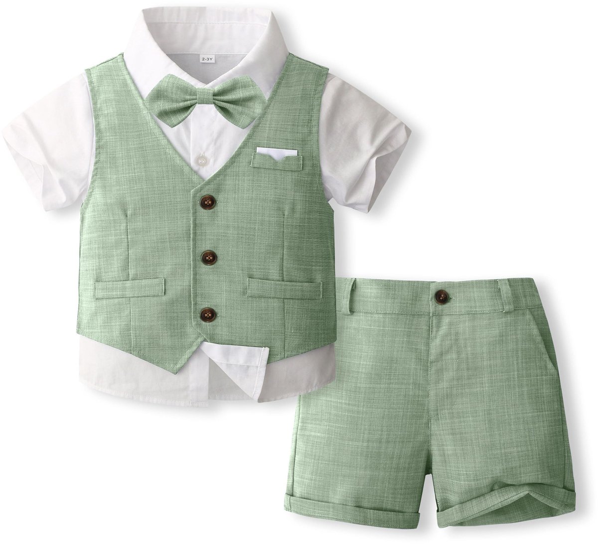 SnelShoppen - Volunboy Babypak voor jongens, 4-delige zomerset met vest, hemd, vlinderdas en shorts in groen voor feestelijke bruiloften, 4-5 jaar