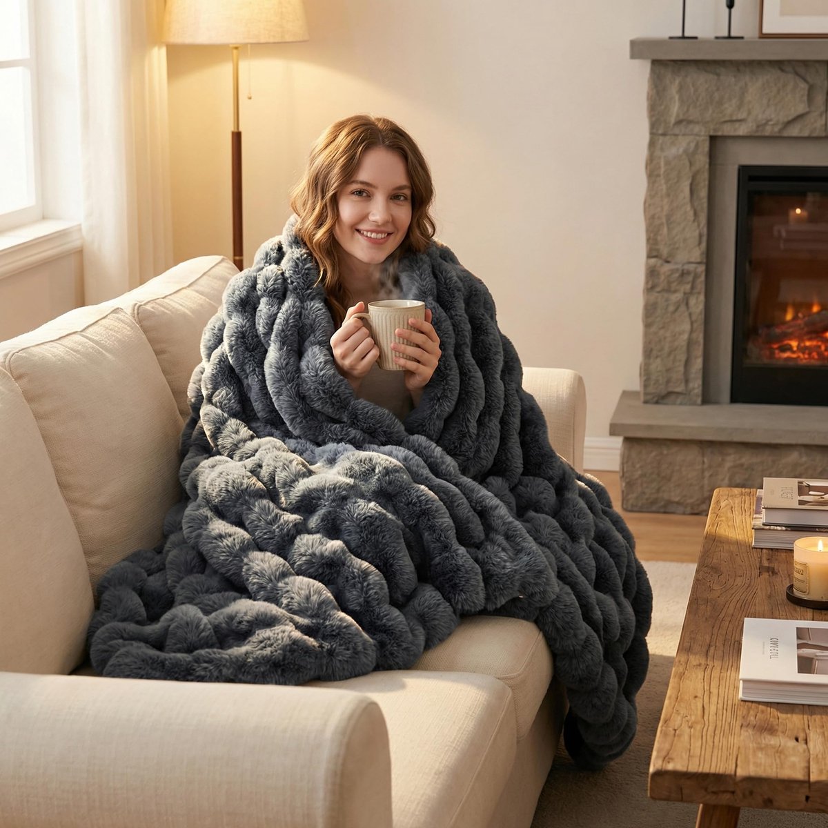 SnelShoppen - Luxe Zachte Donzige Bubble Faux Konijnenbont Plaid 127x152 cm - Dubbelzijdige Dikke Warme Pluizige Deken voor Winter - Decoratieve Luxe