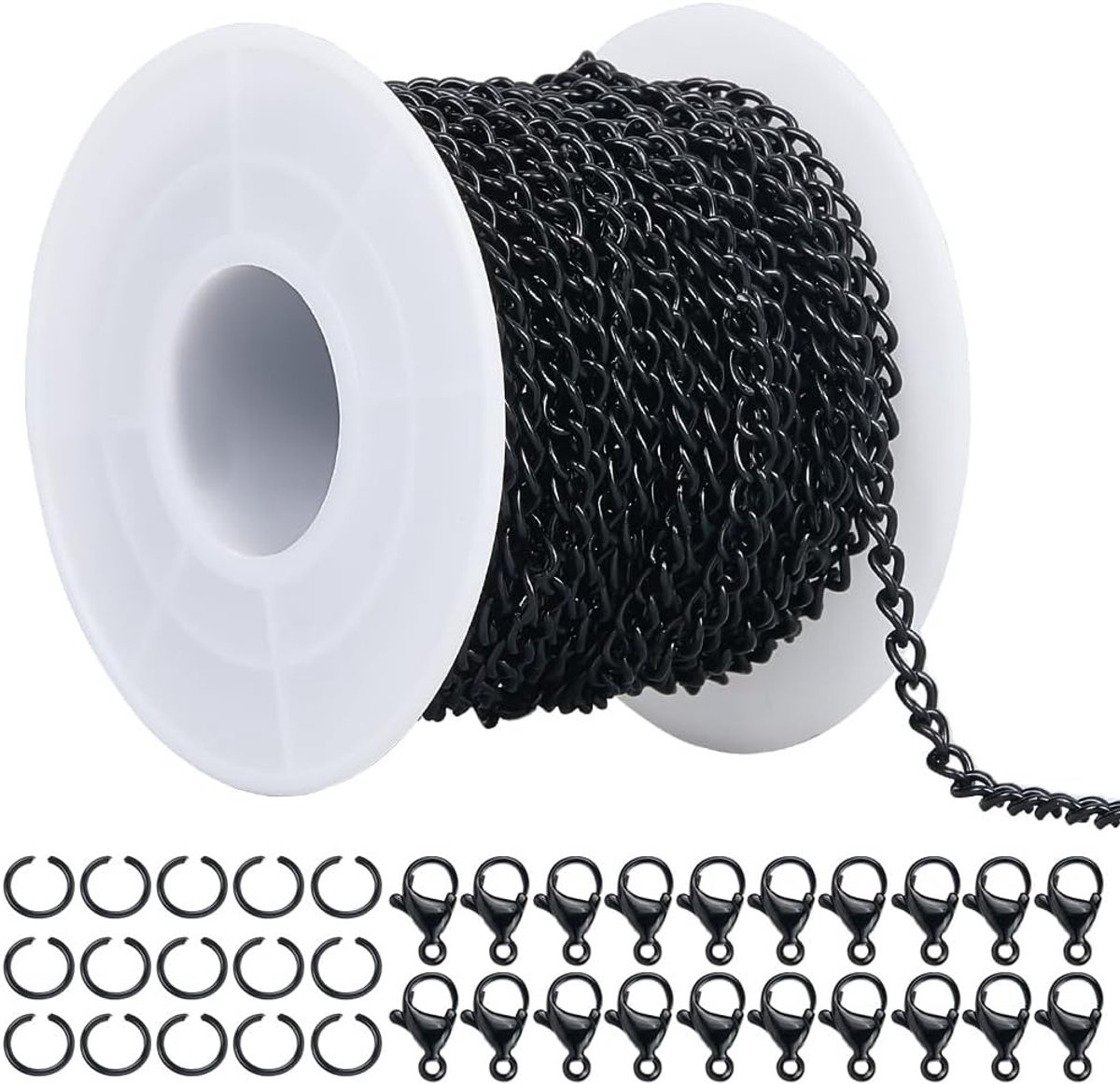 Curb Chain Sieraden Maakset van 10m met Ringetjes en Sluitingen voor Kettingen, Zwart IJzer, Onverlijmd, Ovalen Schakel van 3 x 5mm voor Creatieve Sieraden Ontwerpen