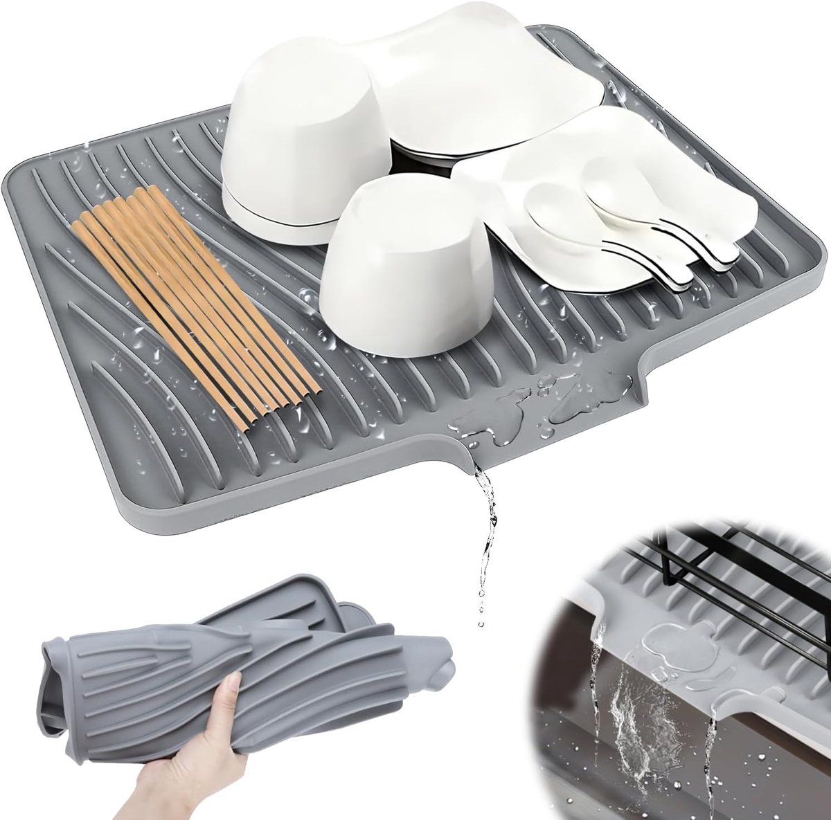 Afdruipmat, siliconen, droogmat, afdruiprek, 37cm*29.5cm, hittebestendig, antislip, voor werkblad, gootsteen en afdruiprek (grijs)