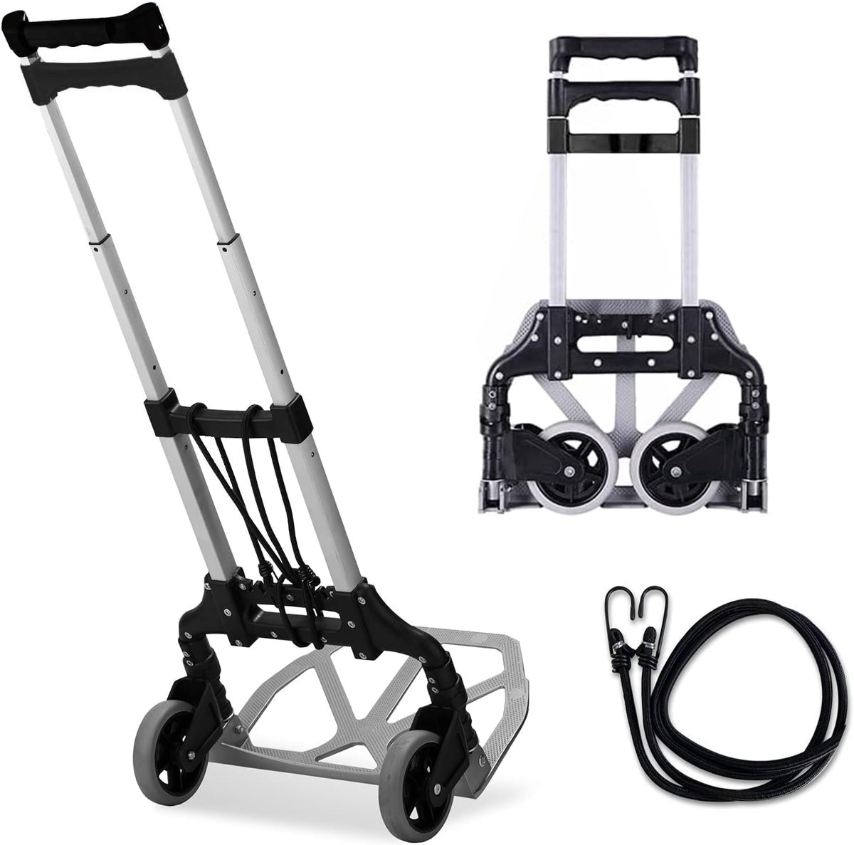 SnelShoppen - Aluminium Inklapbare Transportwagen met Lichtlopende Wielen, Antislip, Groot Pallet en 1 Expandertouw - Draagkracht 75 kg voor Outdoor,