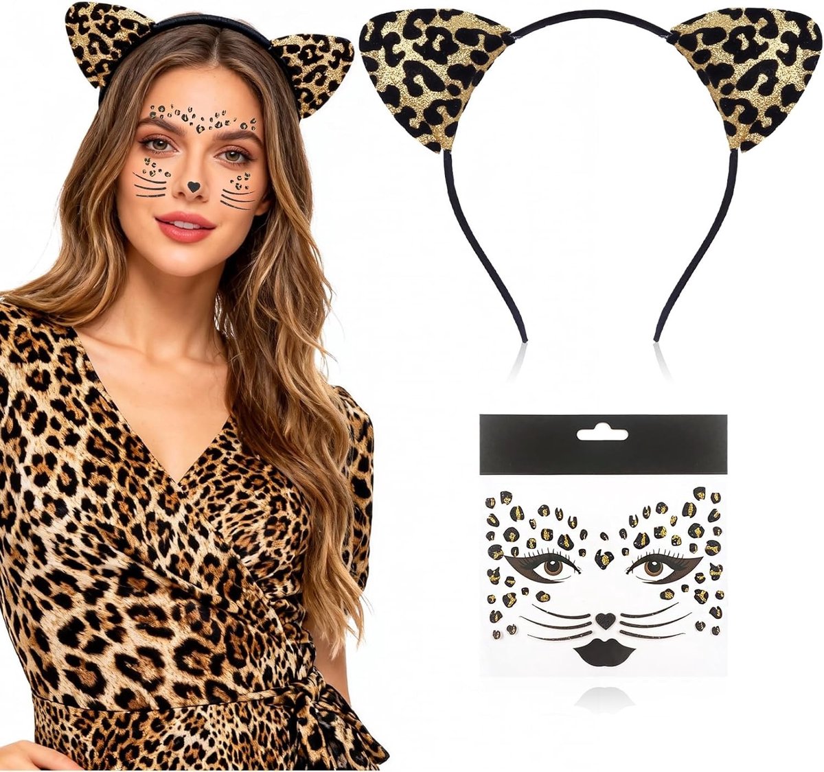 Leopard Kostuum voor Dames met Gezichtstatoeage en Hoofdband - Carnaval Make-up Set voor Volwassenen, Tijger en Kattenkostuums, Perfect voor Feesten en Cosplay