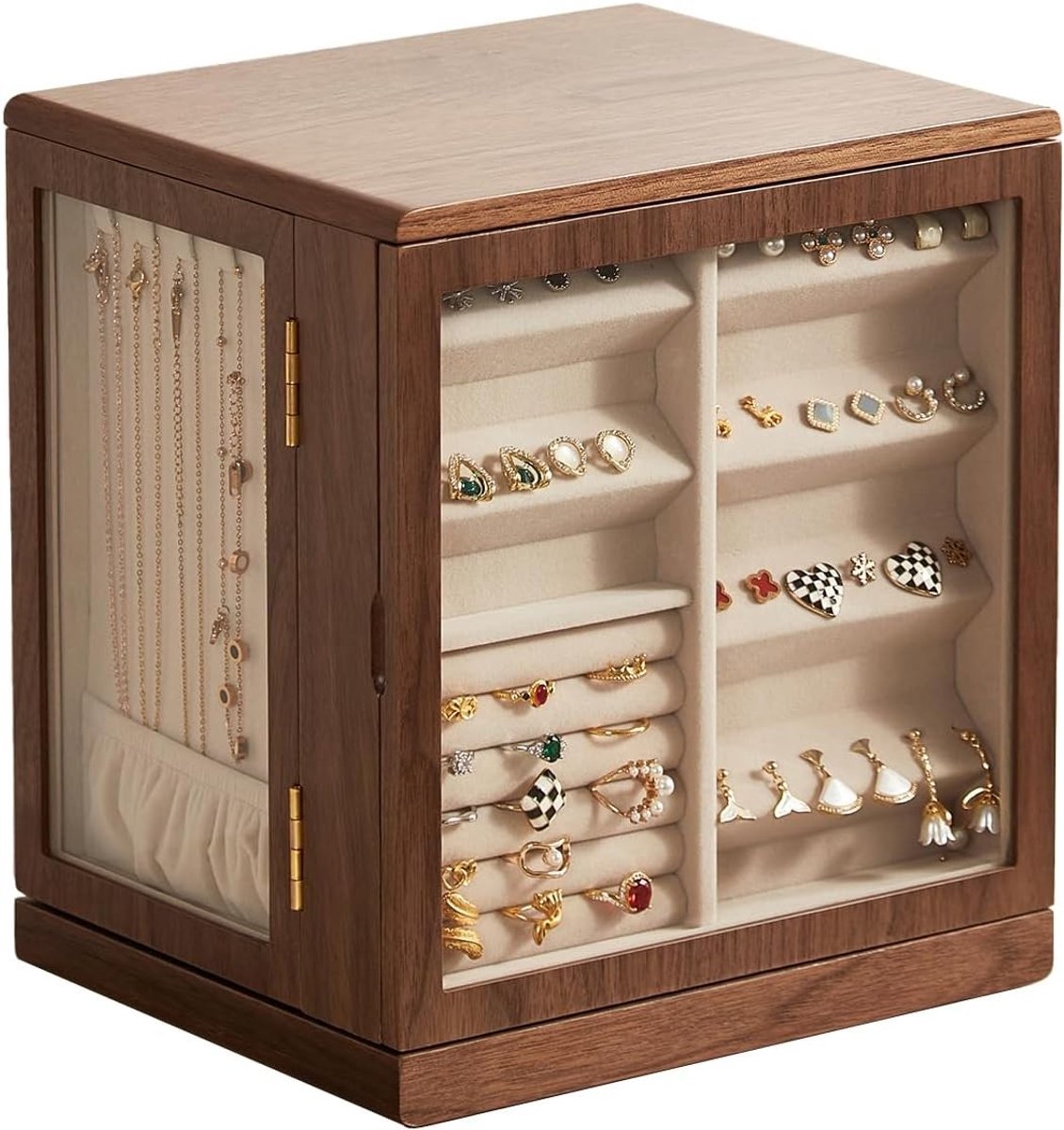 Houten Sieradenbox met 360° Rotatie, 5 Lades en Glazen Raam, Verticale Opslag en Open Ontwerp, Perfect Cadeau voor Vrouwen