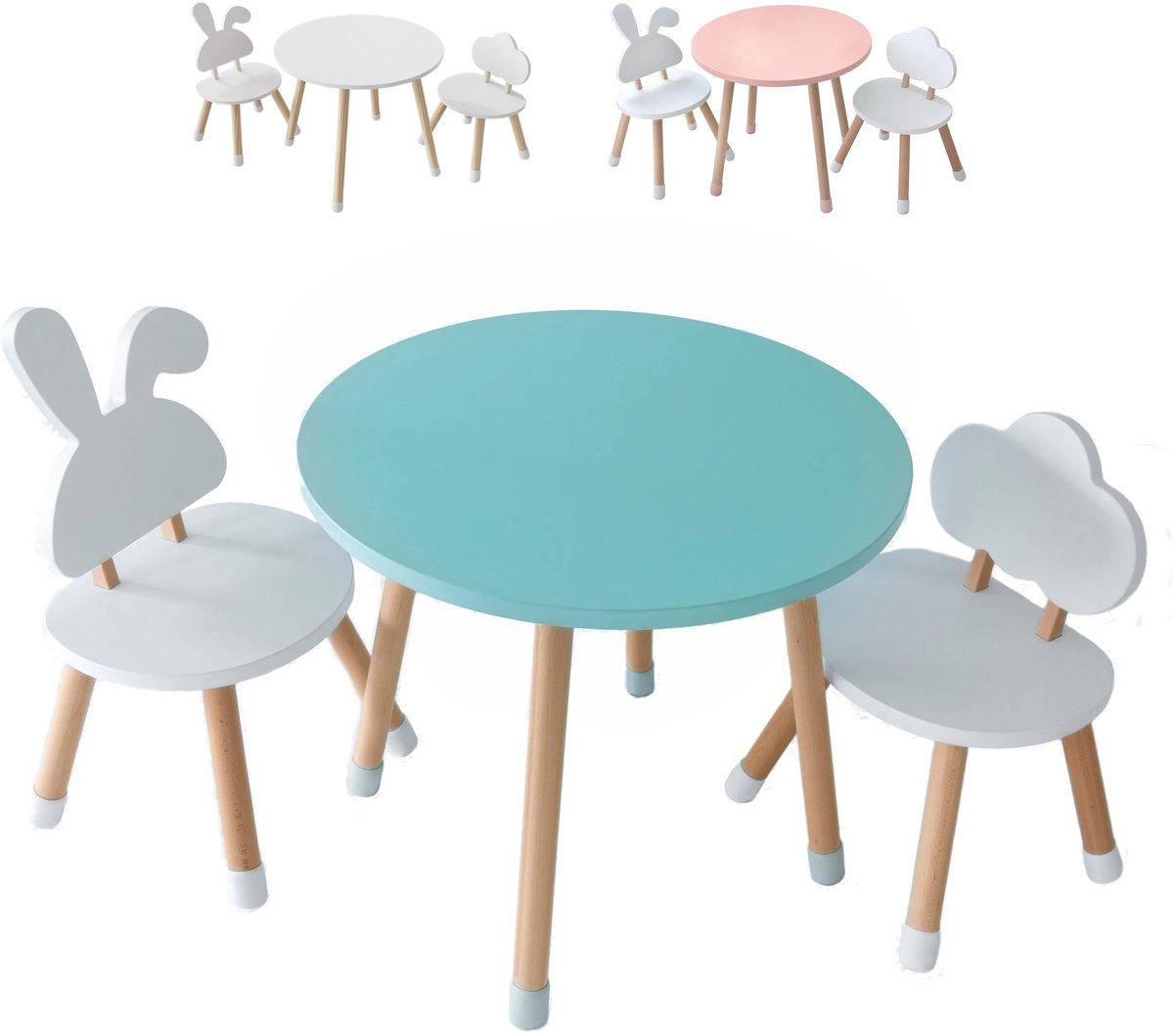 SnelShoppen - Kinderbureau met stoel van hout, creatieve ronde tafel voor kinderkamer, stimulerend leren en spelen, muntkleur, ideaal voor kinderen