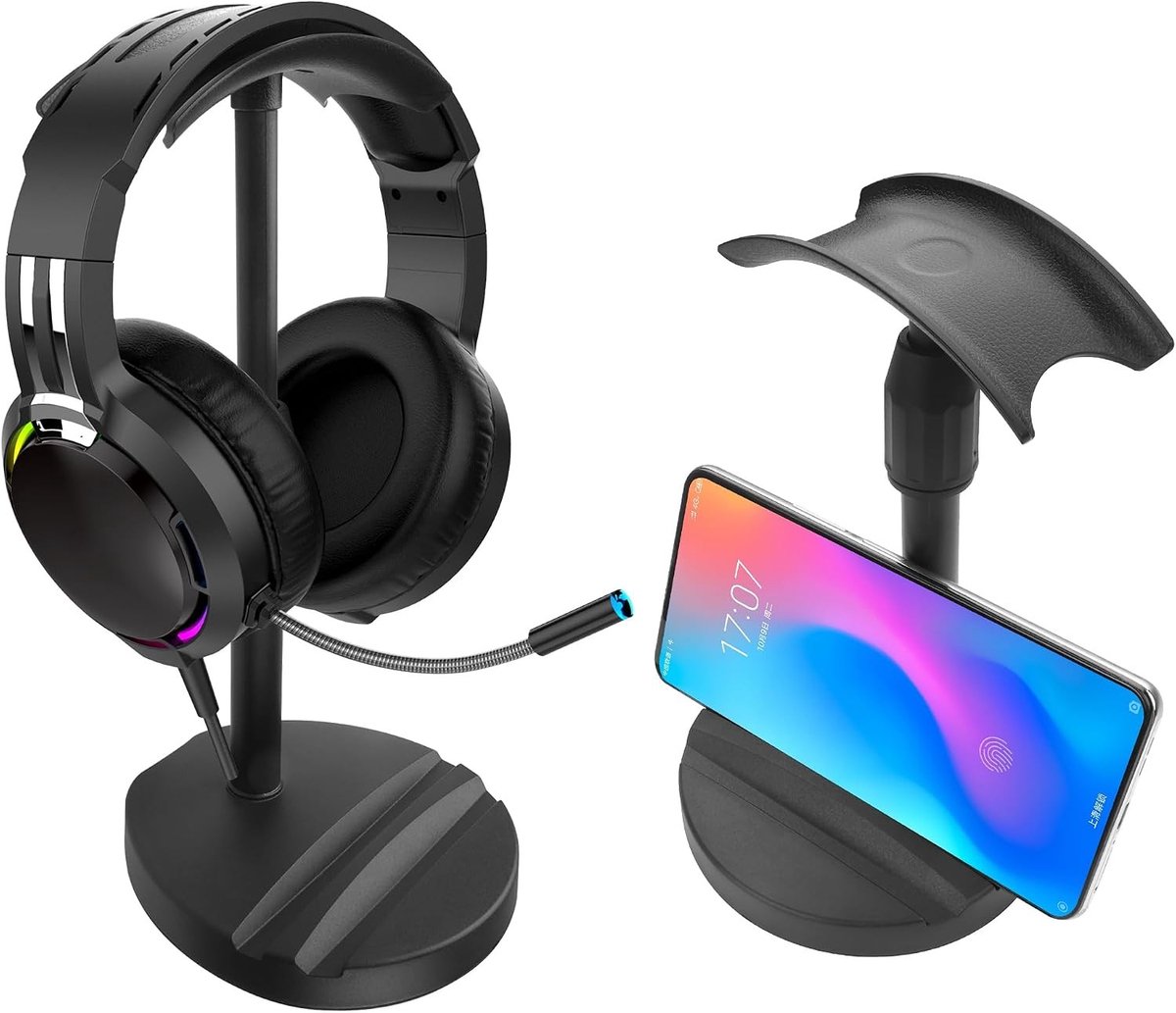 Bureau hoofdtelefoonstandaard met telefoonhouder en antislipbasis voor kantoor en thuisgebruik, ideaal voor gaming en muziek luisteren