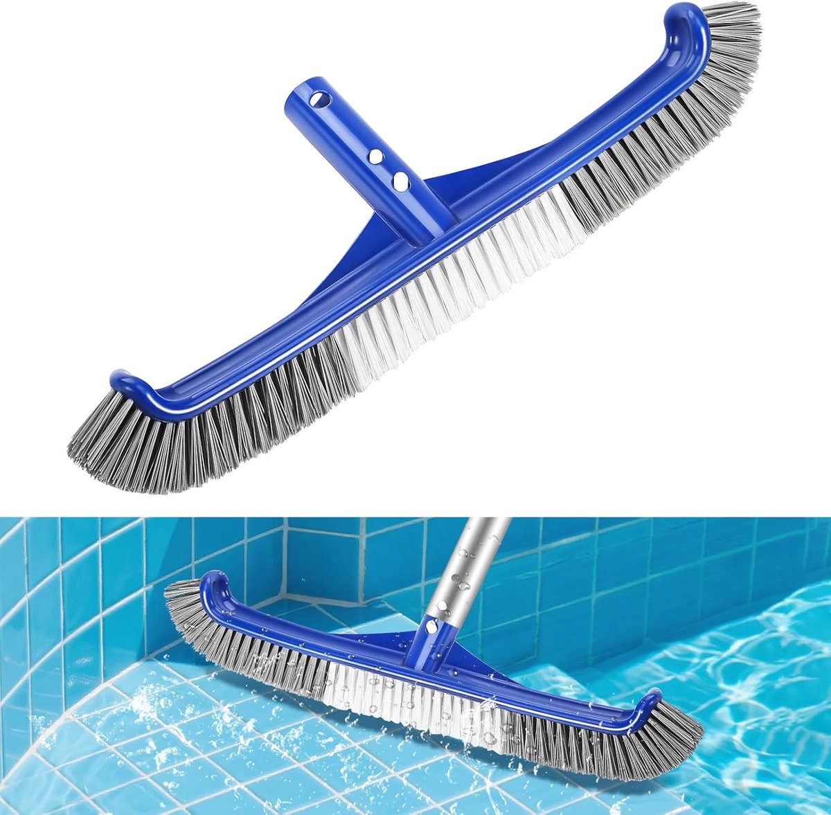 Zwembadborstel, 43 cm zwembadborstelkop, zwembadreinigingsborstel met gebogen uiteinde, EZ-clip en nylon borstelharen, voor zwembadtegels en -vloeren