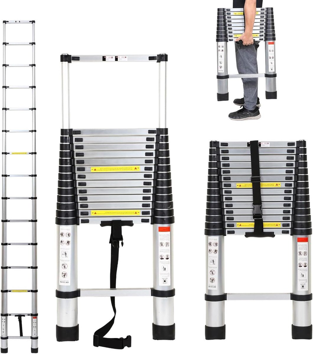 Telescoopladder Aluminium - Uittrekbare Ladder - Klus Klussen - Afneembare Haak - 44 Meter - Meerkleurig
