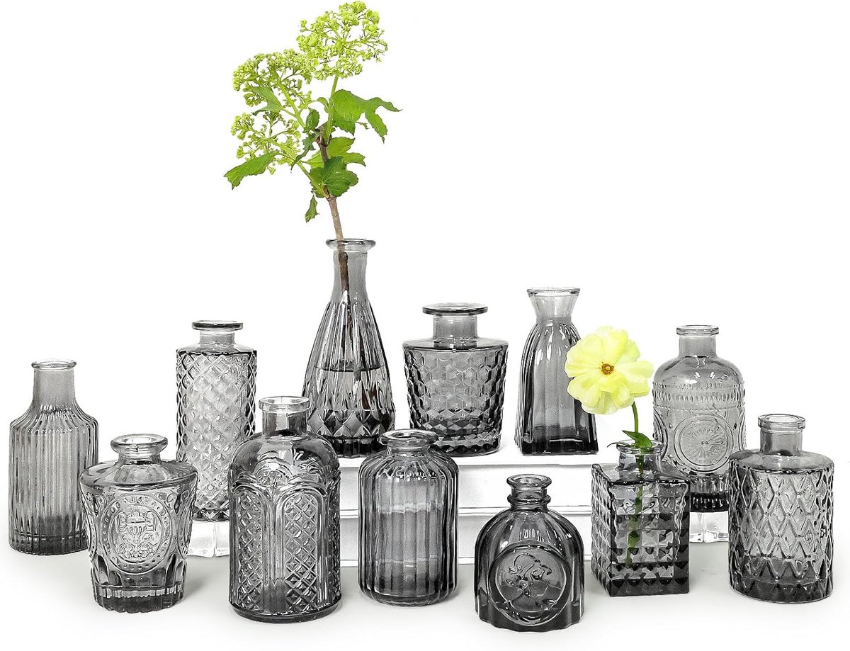 SnelShoppen - Knospenvasen-Set 12 Stuks - Zwarte Mini-Vaasjes voor Tafeldecoratie, Vintage Bloemenvaasjes voor Bruiloft, Thuis, Rustieke Tafelaankledi