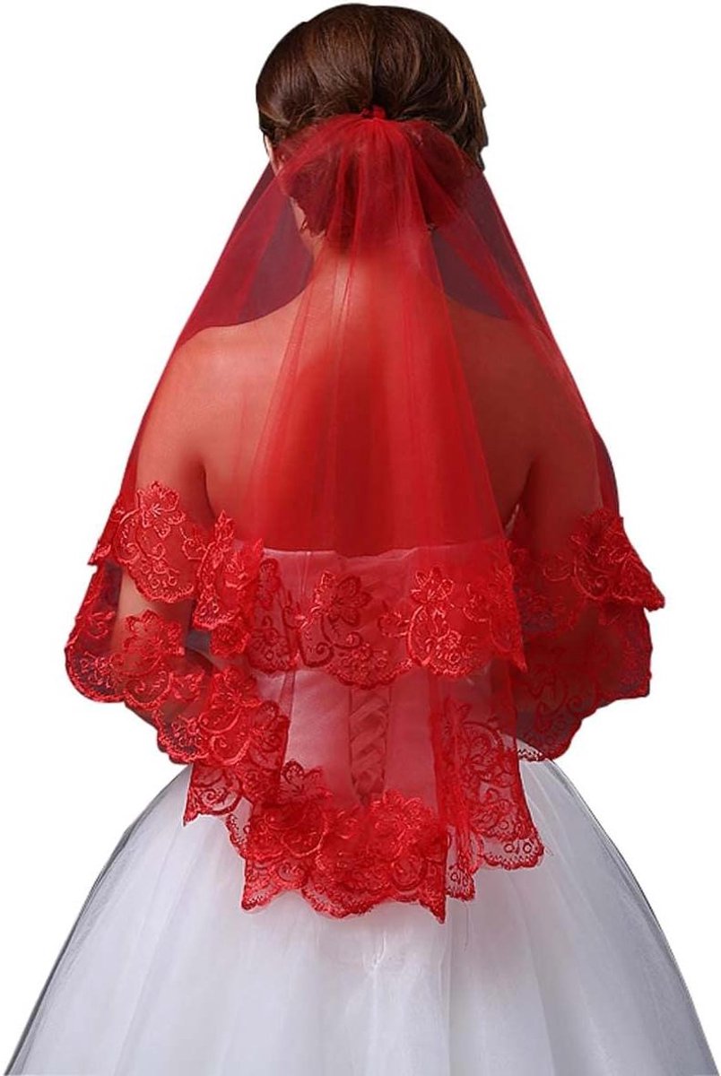 Bruidssluier - Bruidssluiers Hoofddeksel - Bruiloft - Klassiek Rood Kant - 170 x 130 cm - Rood