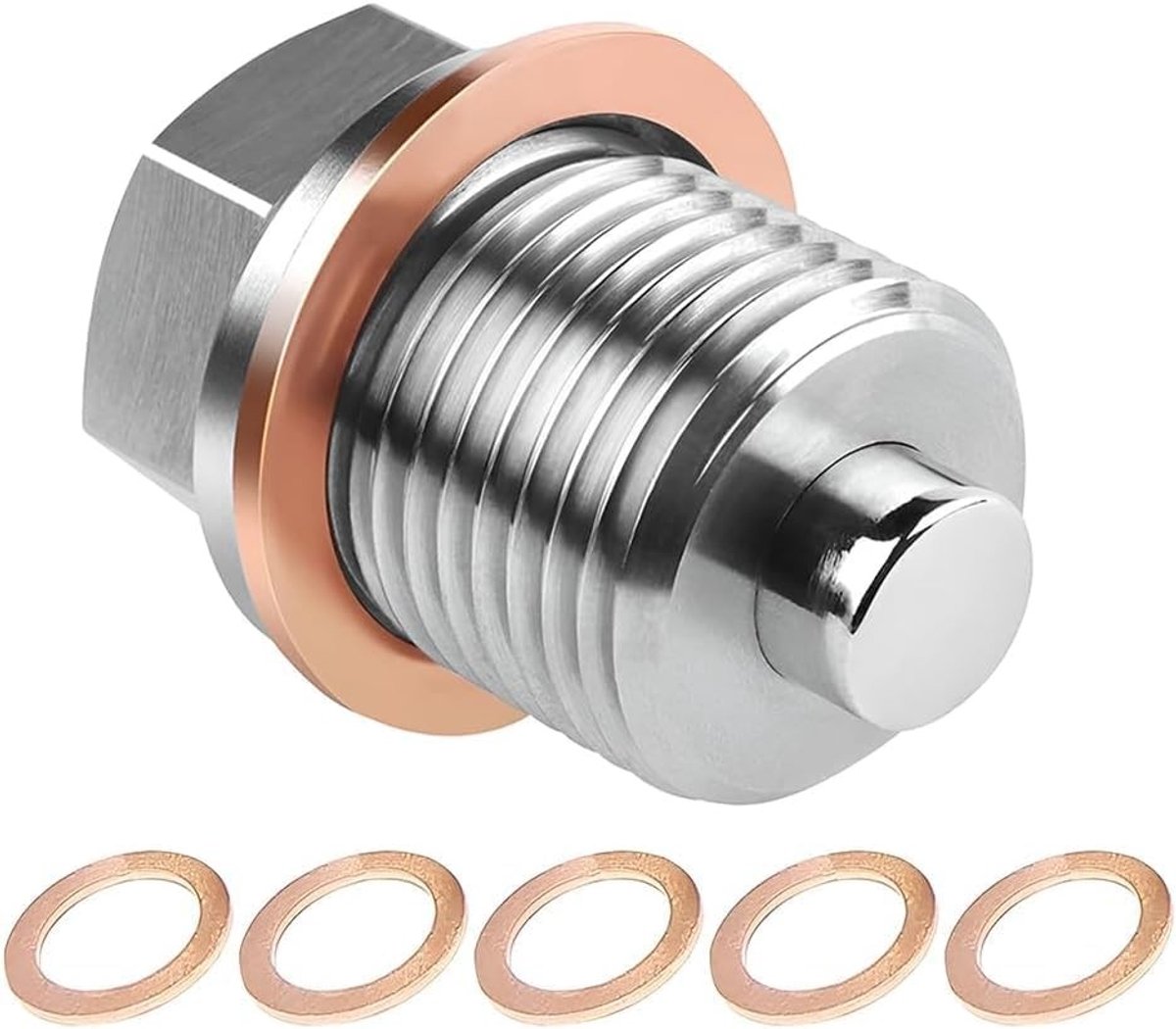 Magnetische olieafvoerplug M18 x 1.5 met 5 koperen ringen, roestvrijstalen afdichting en olieopvangschroef voor auto's en motorfietsen