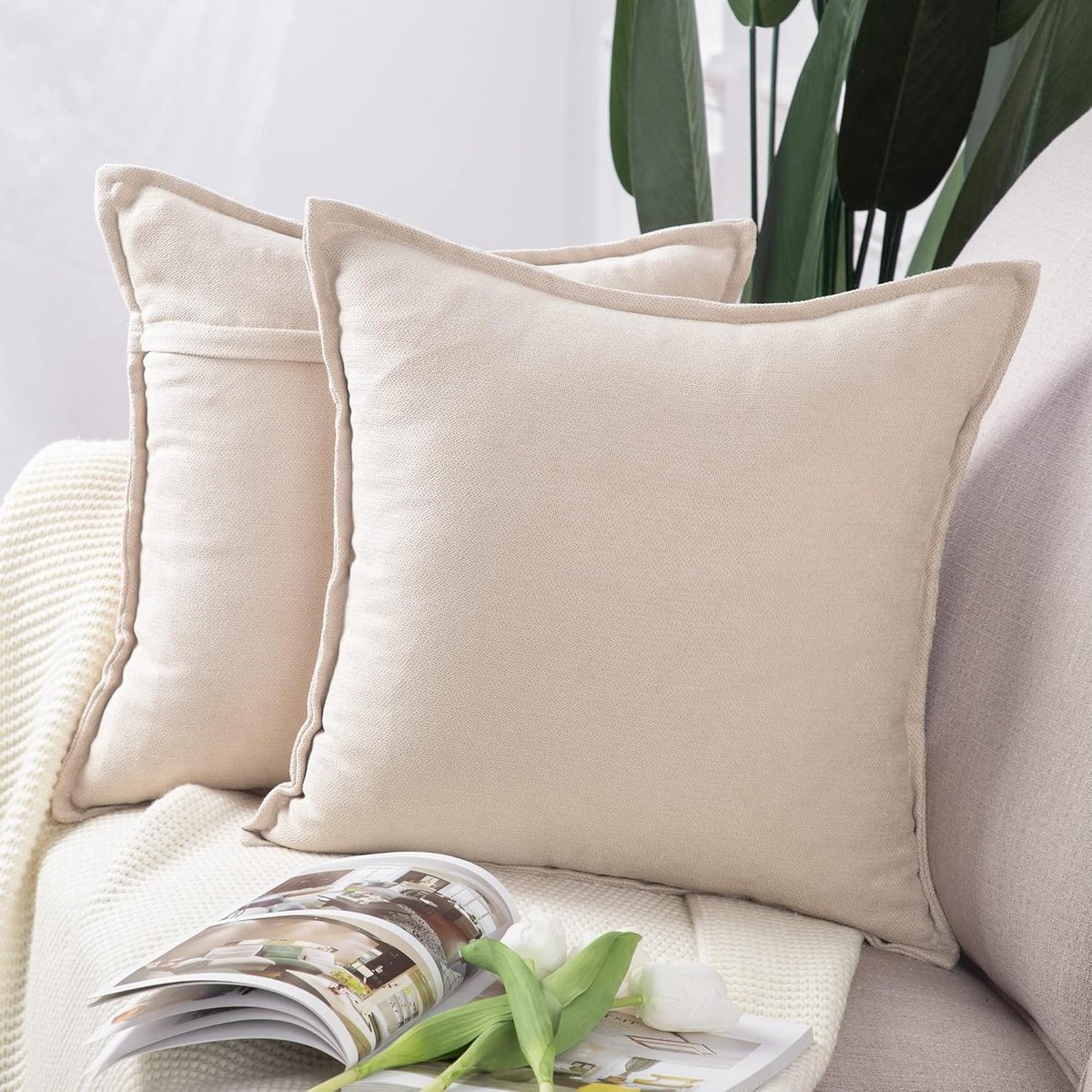 SnelShoppen - Set van 2 korte chenille sierkussenhoezen, zachte decoratieve kussenhoes voor bank of slaapkamer, beige, 45 x 45 cm, vierkant, perfect v