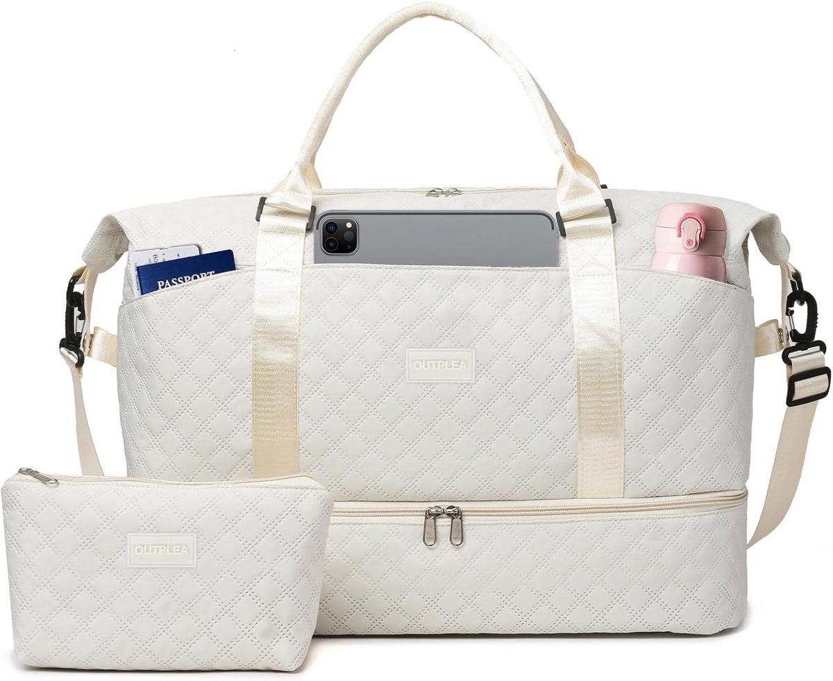 Thijox - Ruime Reistas Handbagage Dames met Schoenenvak & Vak voor Natte Spullen, 50L Reisduffel Cabin Bag, Wit, Perfect voor Weekendjes Weg, Camping