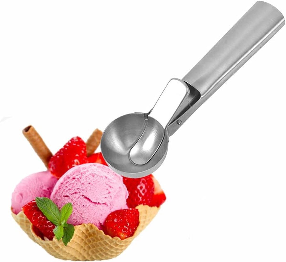 RVS IJslepel met Eenvoudige Trigger voor IJs, Yogurt, Meloenbollen en Koekjes - Ideaal voor Fruit en Desserts