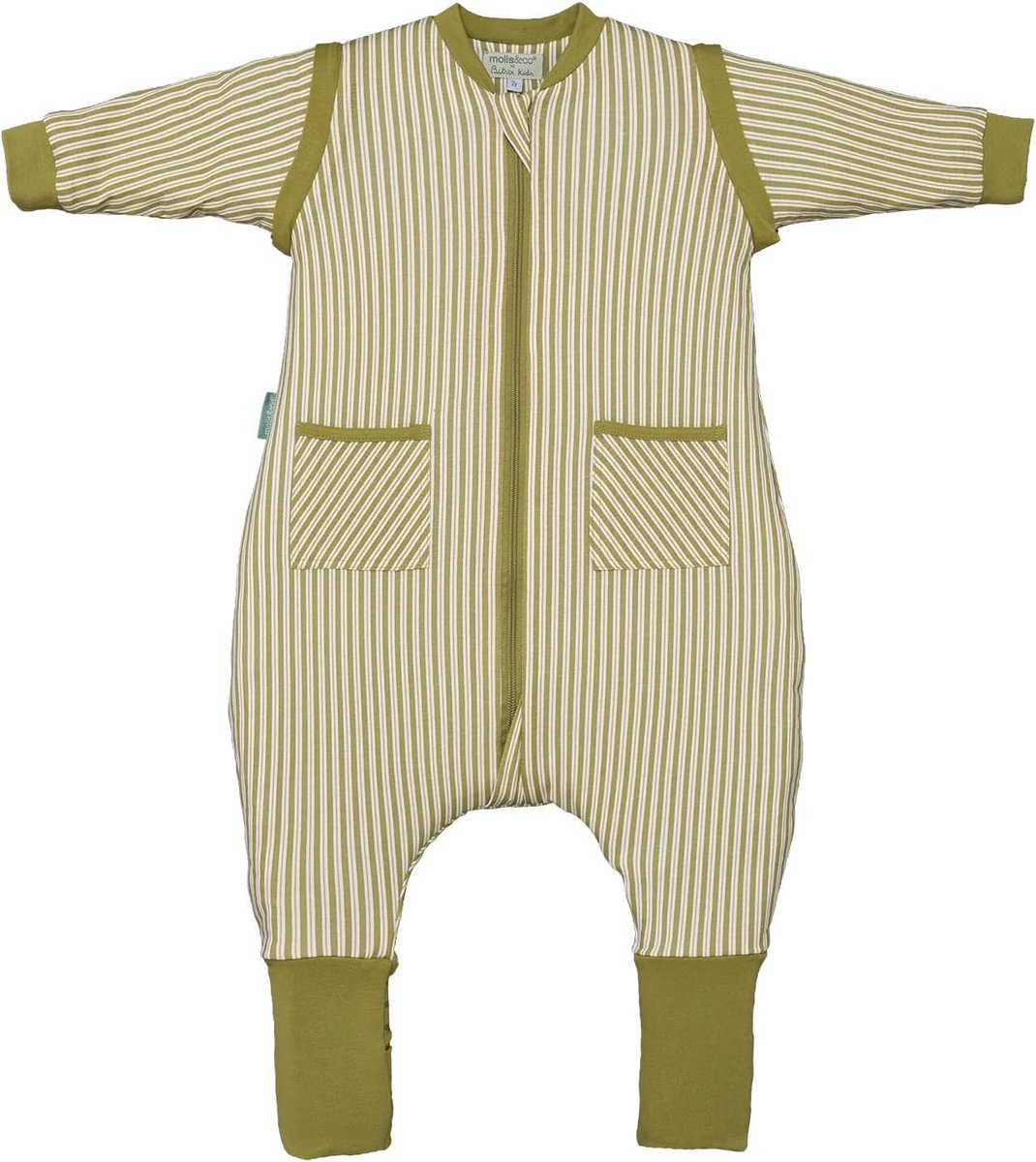 Thijox - Babyslaapzak met Voeten 1 TOG, Afneembare Mouwen en Sokken, 100% Katoen (Oeko-Tex 100), Licht Gevoerd, Olijfgroen met Strepen, 80 cm, Geschik