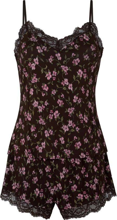 Bruin pyjamaset met roze bloemenprint en kanten details op de top en broekrand.