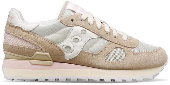 Linker Saucony Shadow Original damessneaker in beige met roze en witte accenten, op een witte achtergrond.