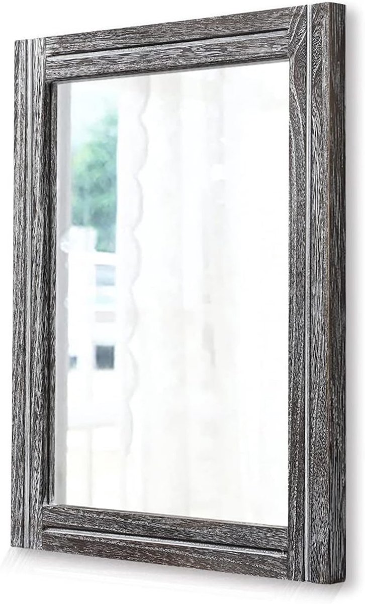Rustieke Wandspiegel met Houten Frame 50x40cm - Rechthoekige Decoratieve Spiegel voor Slaapkamer en Badkamer, Vintage Stijl in Donkergrijs