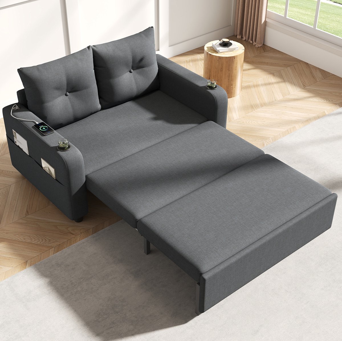 OKWISH Slaapbank 131 x 81 x 94 cm - 3-in-1 2-Zits Met Slaapfunctie, USB, Type-C, Bekerhouders En Zijvakken - Woonkamer - Katoen Linnen - Grijs
