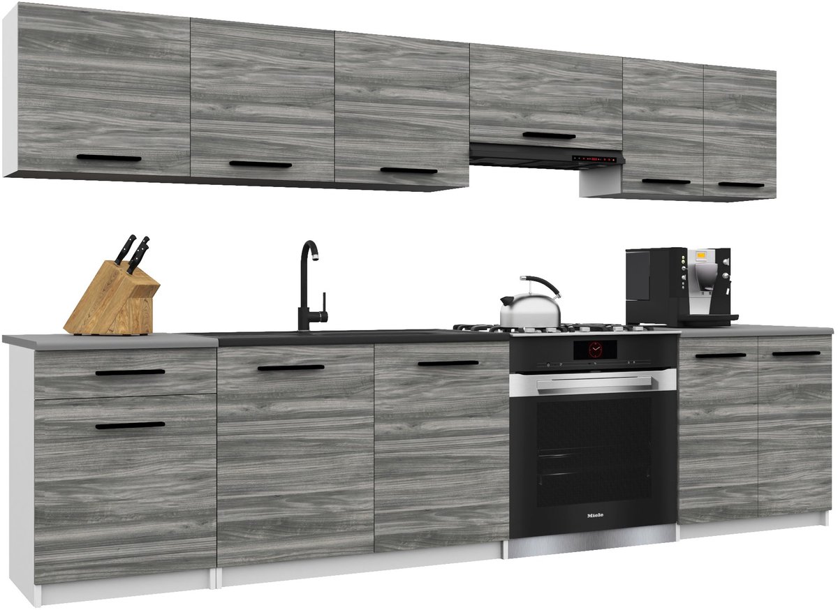 BELINI Keukenblok ITALIA 2 - Keukenmeubel Set 240 cm Grijs Glamour met Werkbladen - Boven- en Onderkasten