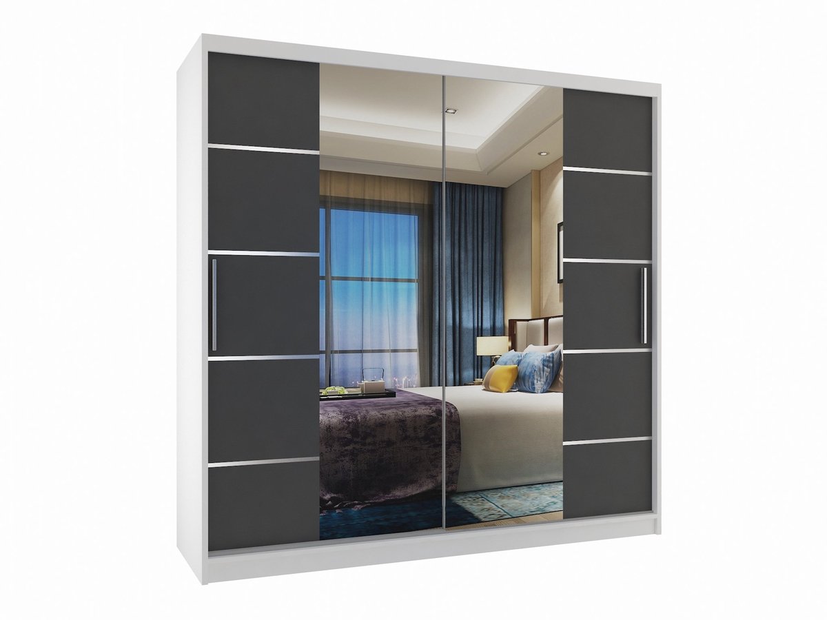 BELINI Verona ME Schuifdeurkast 200 cm Wit/Grijs Mat - Kledingkast met Spiegel - Comfort Line Slaapkamerkast