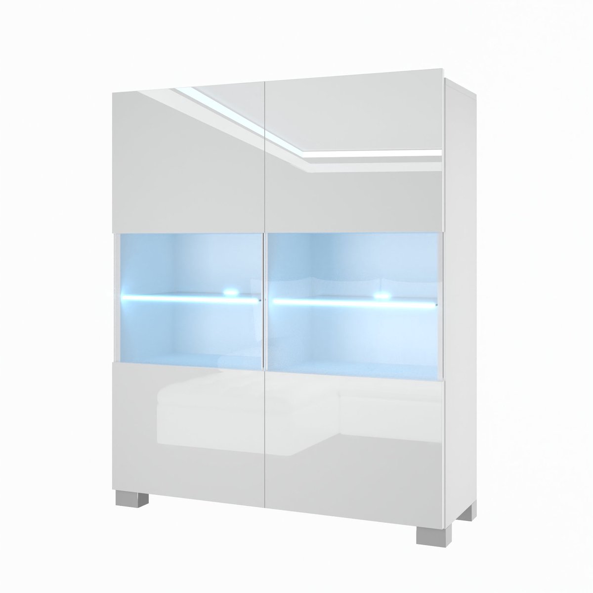 BELINI Vitrinekast met LED-verlichting - Hoge Kast Wit - Greeploos Woonkamermeubel met Zacht Sluitend Systeem - Modulair Design