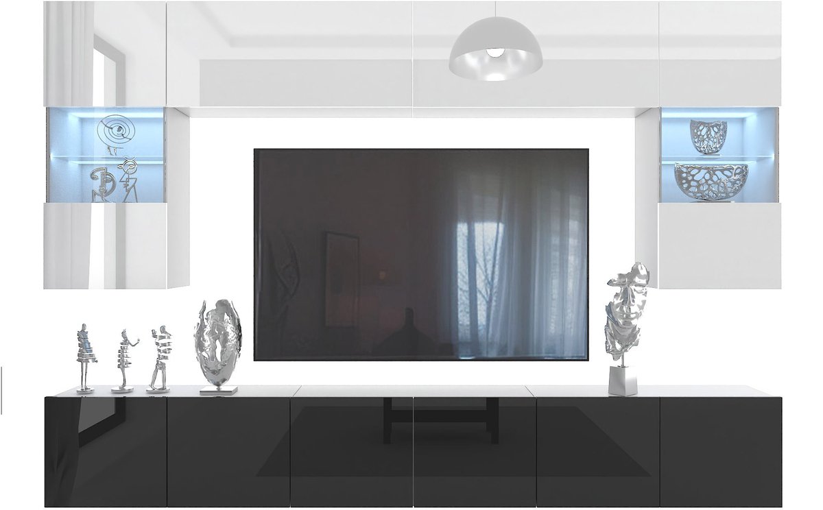 BELINI Wandmeubel Milano 1 300 cm Wit/Zwart Hoogglans - TV-Wand Greeploos - Moderne Woonwa