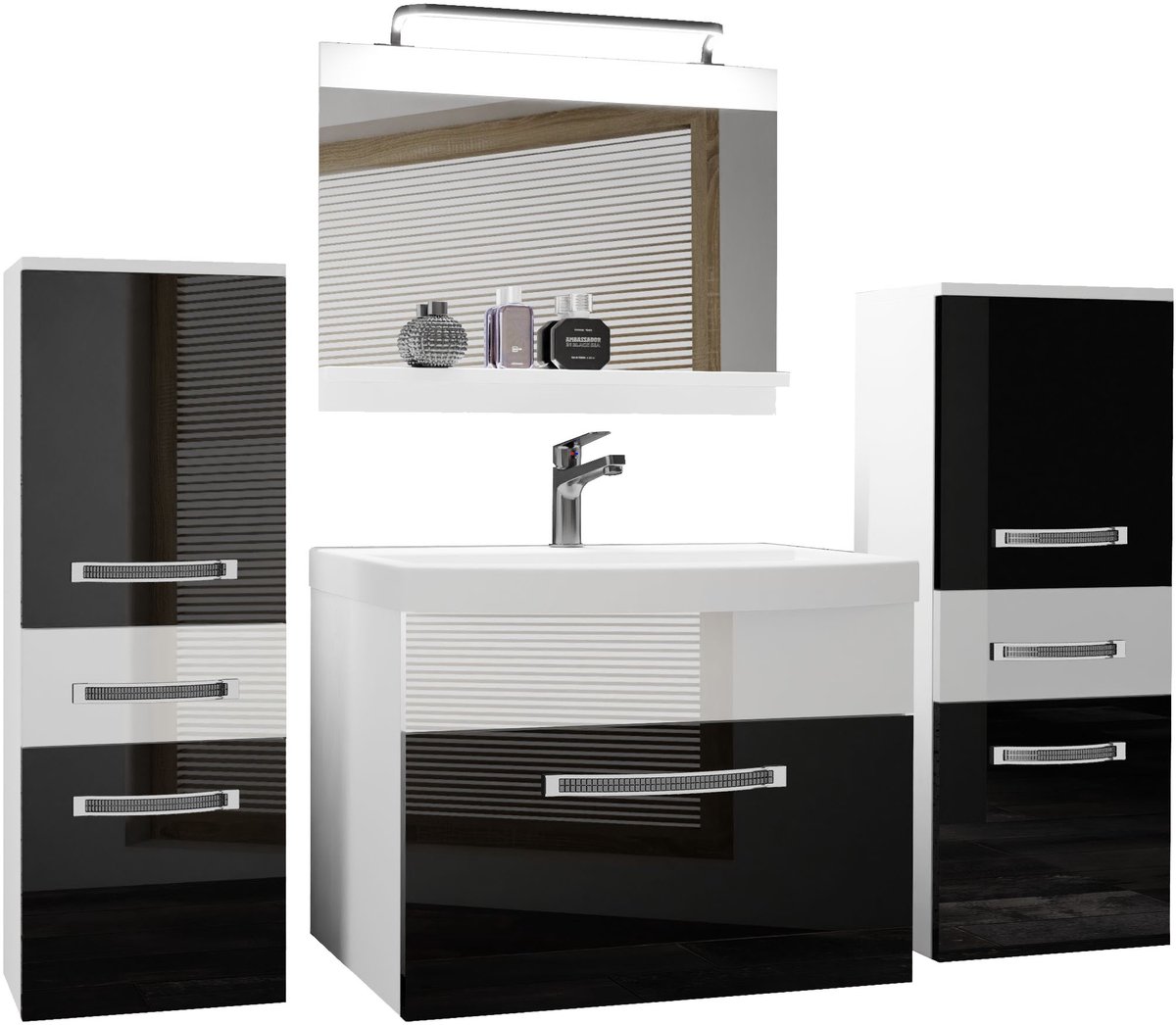 BELINI Badkamermeubel Set GLA P 4 - Badmeubelset 140 cm Zwart Weiss Hoogglans met Wastafel, Spiegel en LED Lamp - Wandmontage