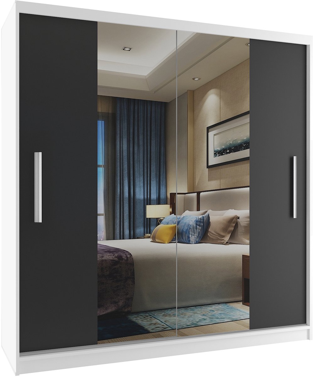 BELINI Verona ME Schuifdeurkast 158 cm Wit/Zwart Mat - Kledingkast met Spiegel - Comfort Line Slaapkamerkast