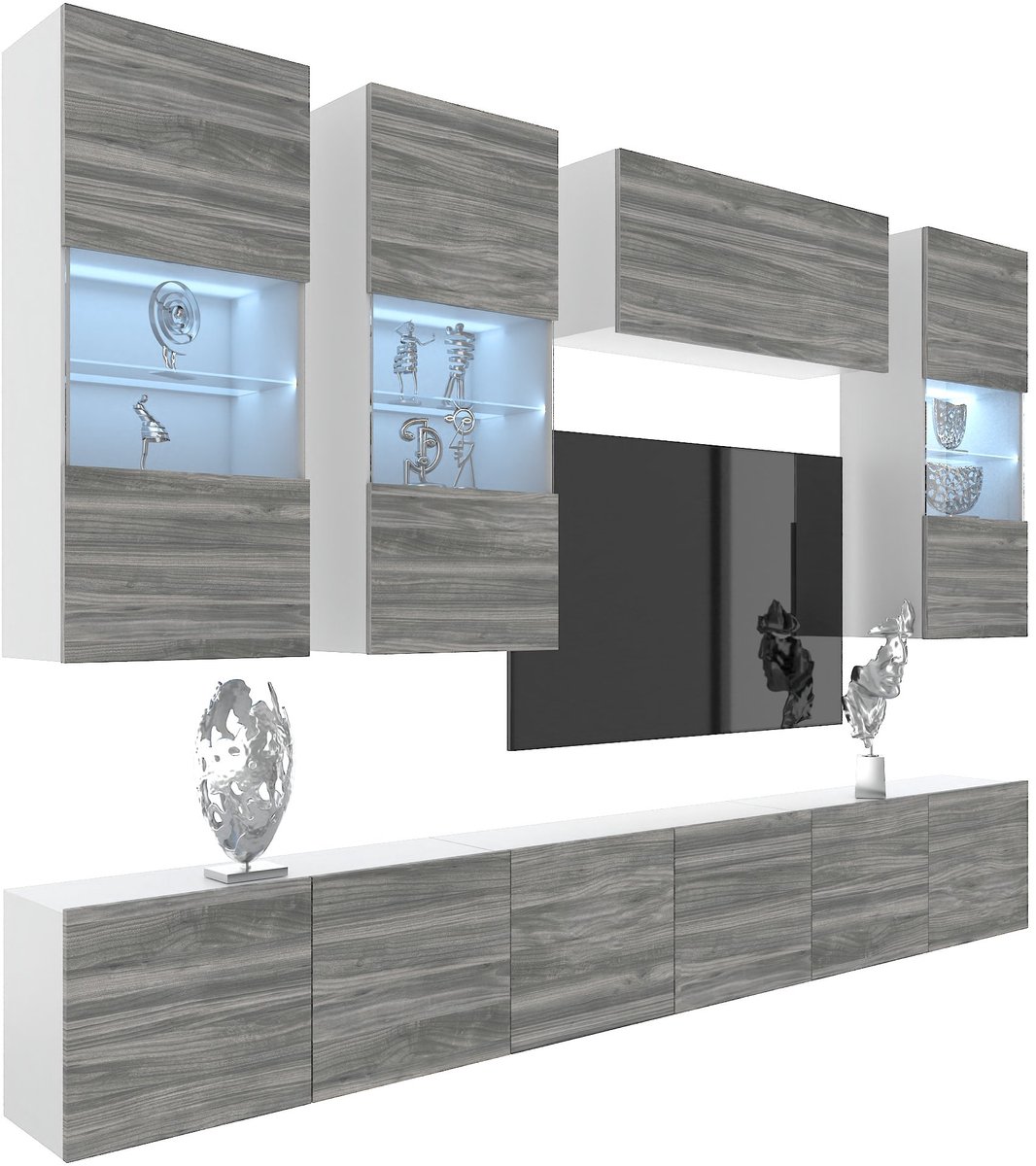 BELINI Wandmeubel Milano 5 300 cm Grijs Mat - TV-Wand Greeploos - Moderne Woonwand met Gasliftsysteem - Modulair TV-Meubel