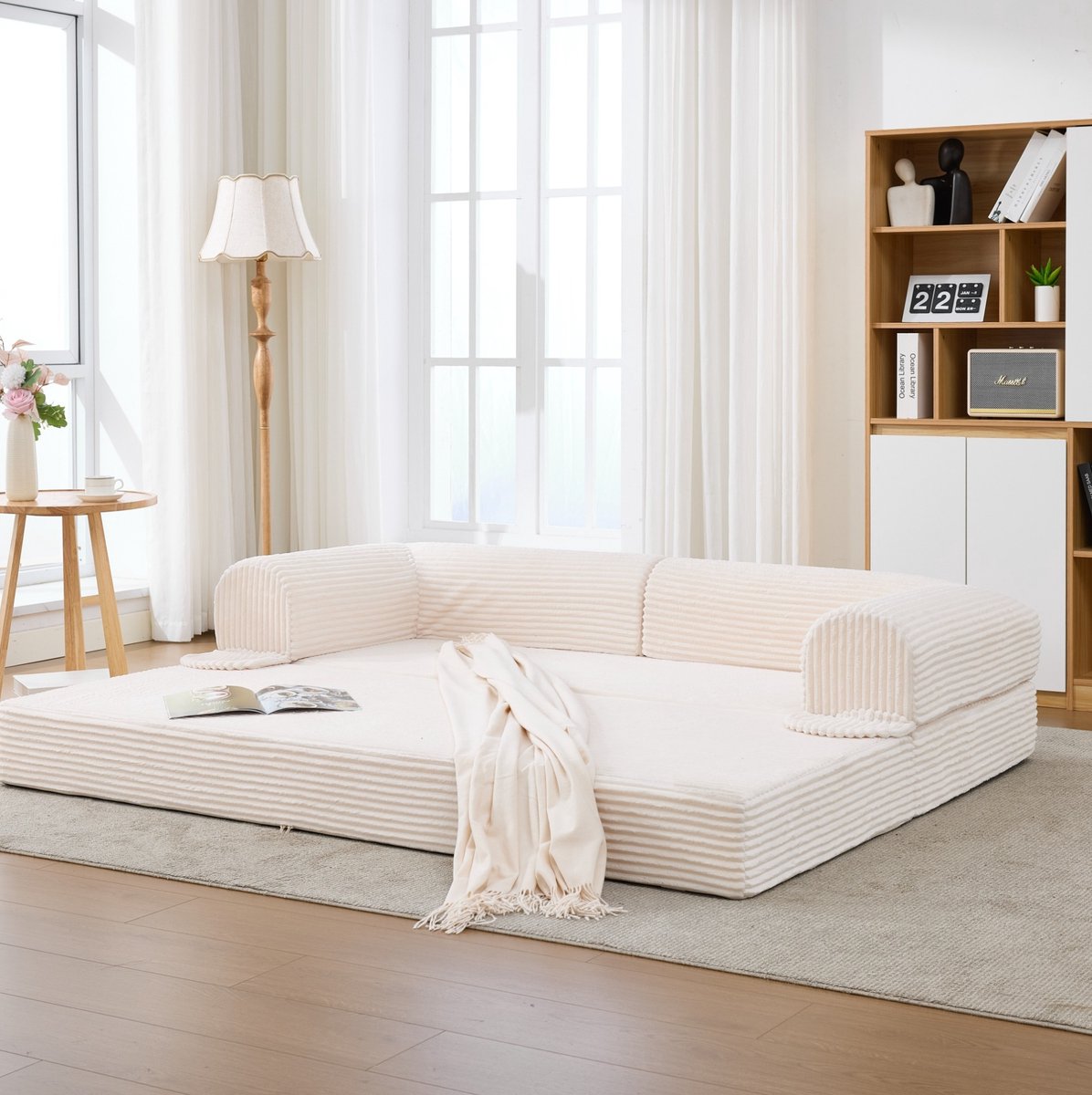 OKWISH Slaapbank 190 x 78 x 65 cm - 2-Zits Bedbank Met Slaapfunctie En Zachte Cordstof - Ruimtebesparend Voor Woonkamer Of Logeerkamer - Beige