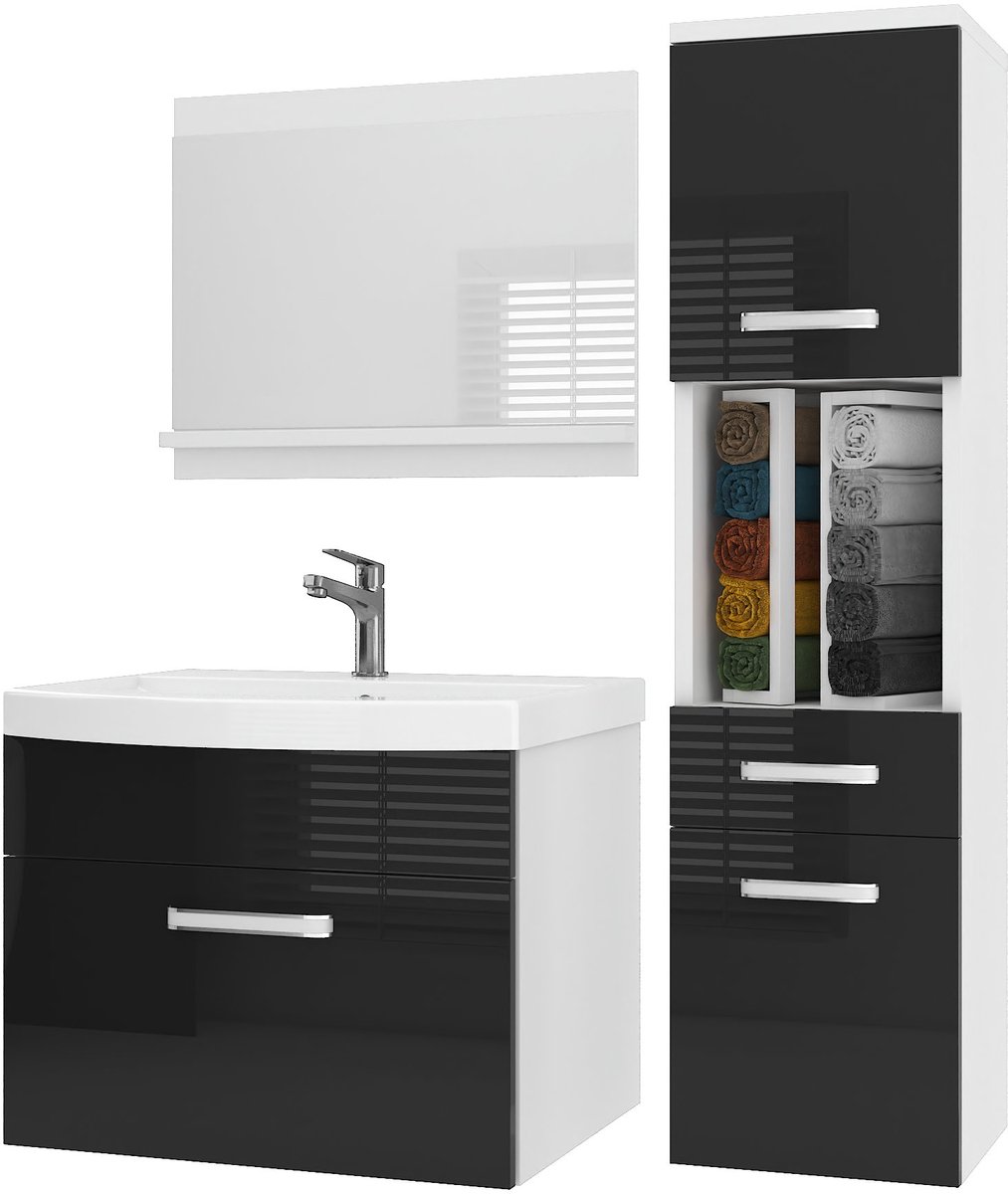 BELINI Badkamermeubel Set PRI P3 - Badmeubelset 90 cm Zwart Hoogglans met Wastafel en Spiegel - Wandmontage