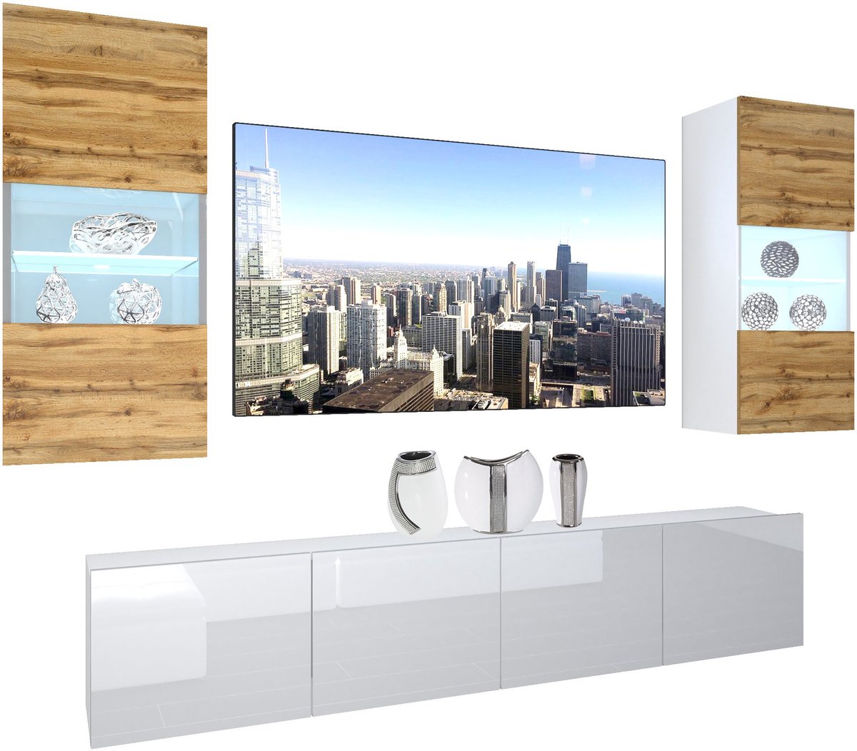 BELINI Wandmeubel NEX 7 - TV-Wandkast Set met LED-Verlichting Wotan Eiken / Wit - Hoogglans Fronten