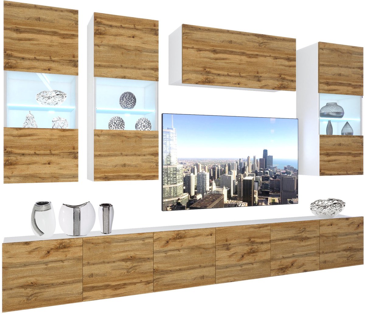 BELINI Wandmeubel NEX 5 - TV-Wandkast Set met LED-Verlichting Wotan Eiken - Hoogglans Fronten
