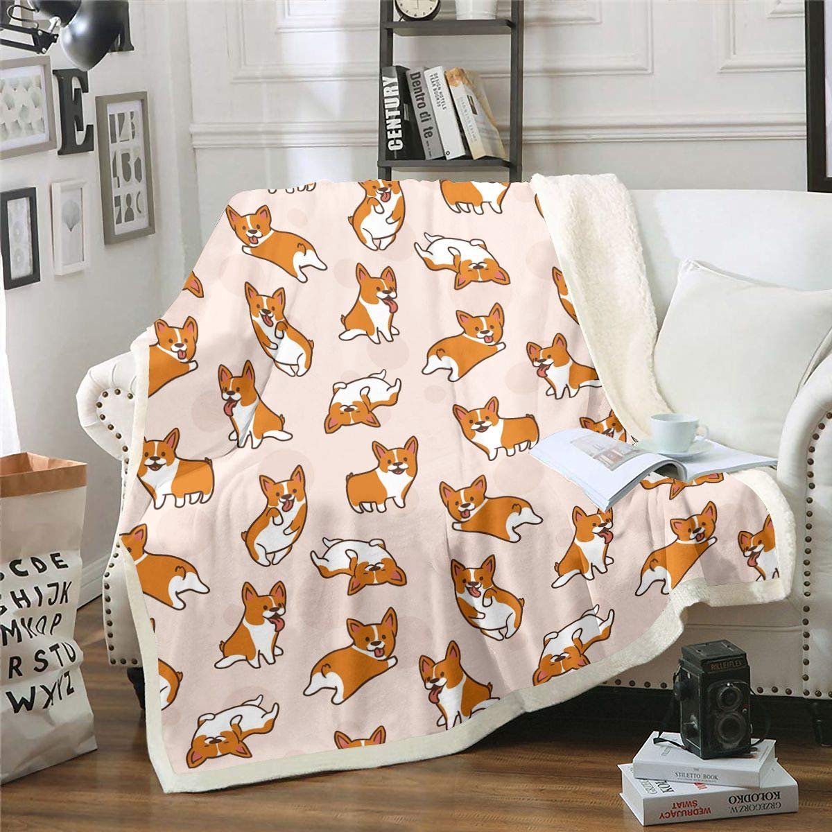 SnelShoppen - Kinderen Pluizige Fleece Deken Corgi Hond Sherpa Deken Kind Peuter Cartoon Puppy Zachte Comfort Pluche Dekens en Plaids Beige 76 x 105 c