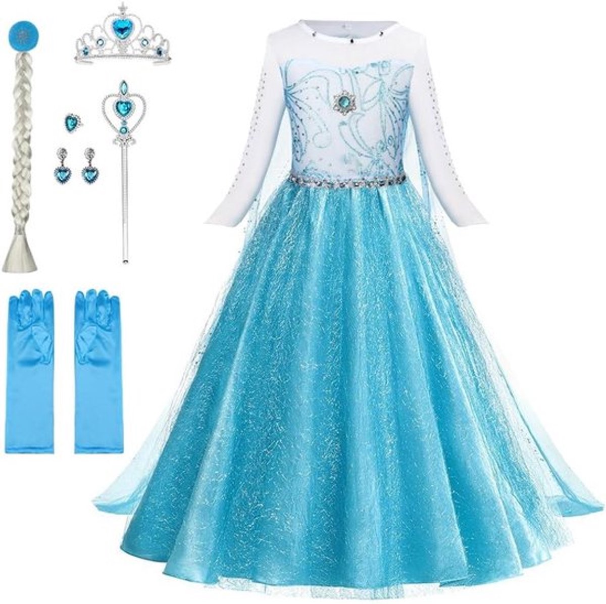 Prinsessenjurk met 6 accessoires voor meisjes, luxe kostuum voor feestjes, Halloween en verjaardagen