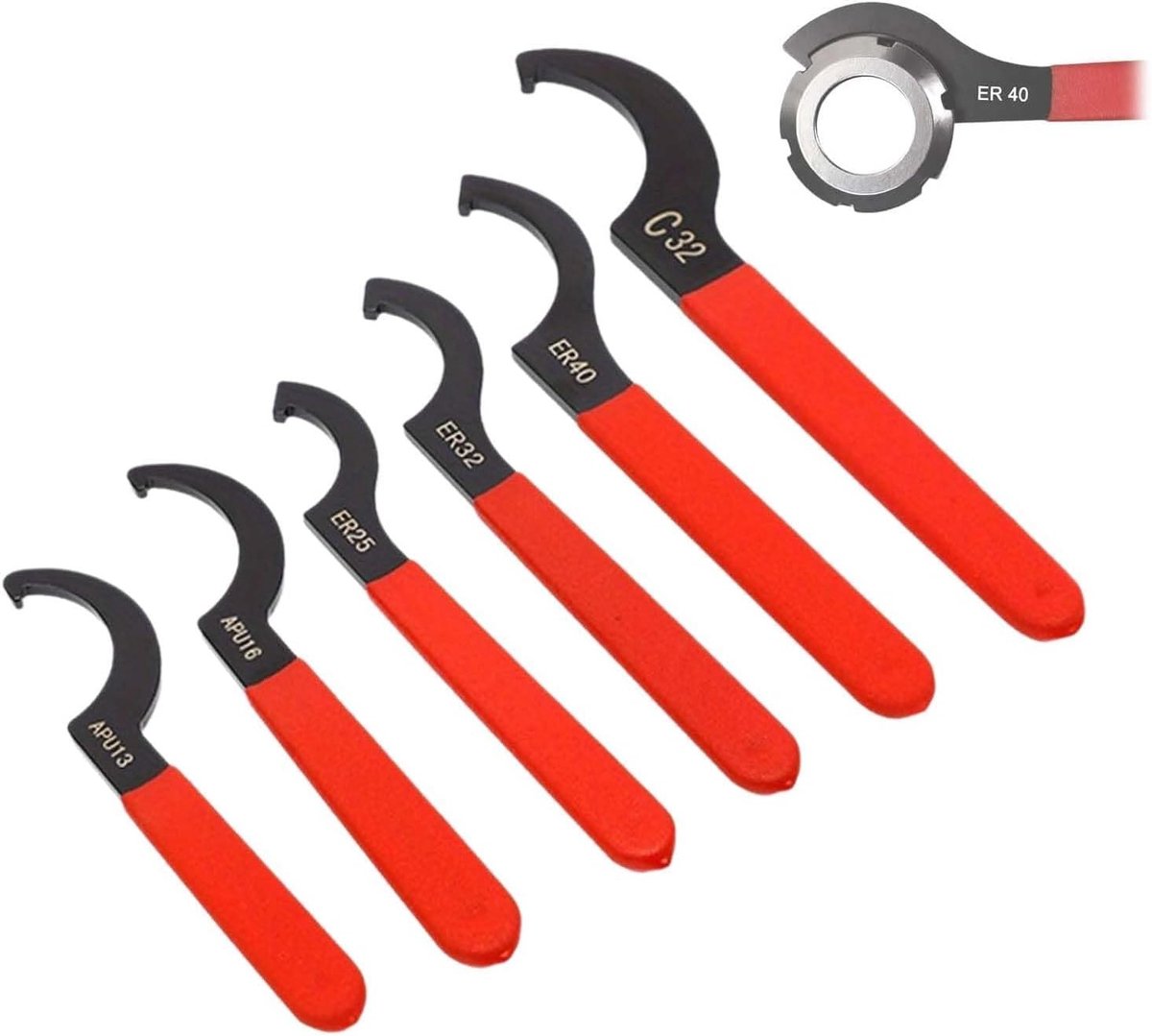 Verstelbare haakmoersleutel met rode antislip handgreep voor het los- en vastdraaien van moeren (35mm-63mm) en collet-houder voor precisiewerk.