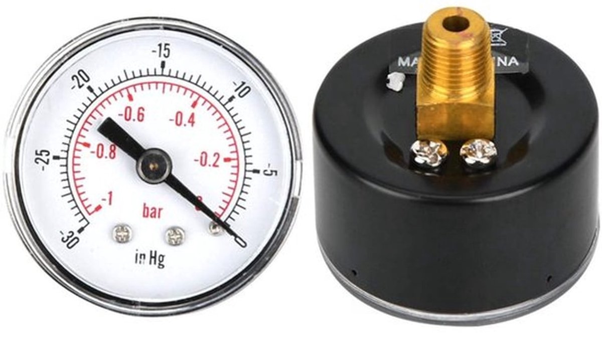 Manometer -30~0inHg - Drukmeter - Wijzerplaat - Mechanisch - Dual schaal - 1/8 BSPT draad