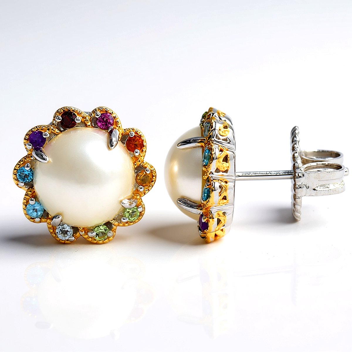 Cavill - Zilveren Oorbellen met 9mm Mabe Parels en Edelstenen - 925 Sterling Zilver Palladiumlaag - Citrien, Rhodoliet, Granaat, Topaas