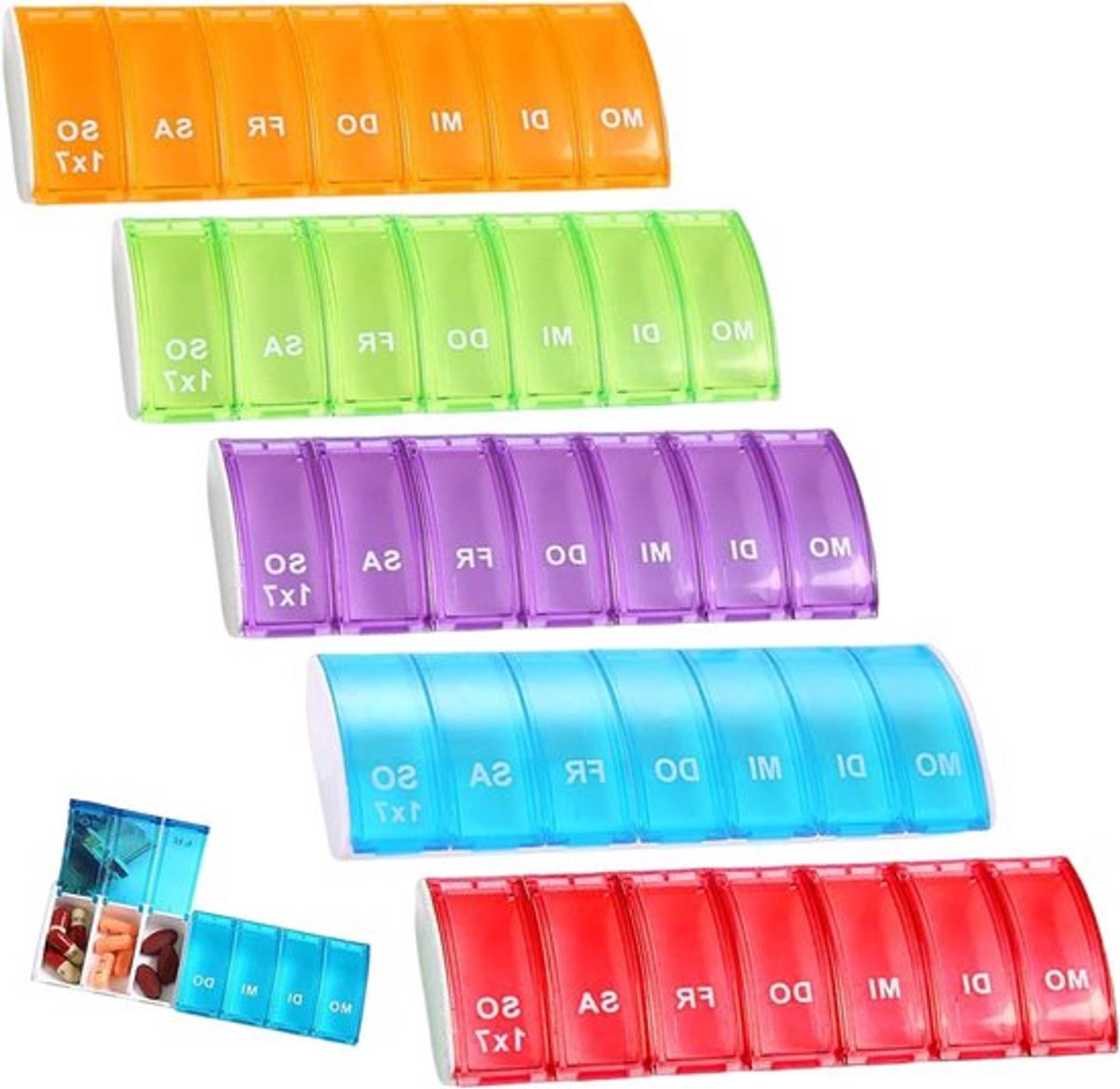 Tablettenbox 7 dagen - Pillendoos organizer voor medicijnen - Herbruikbare mini pillendoos - Regenboogkleuren - Tablettenverdeler - Weekdosering